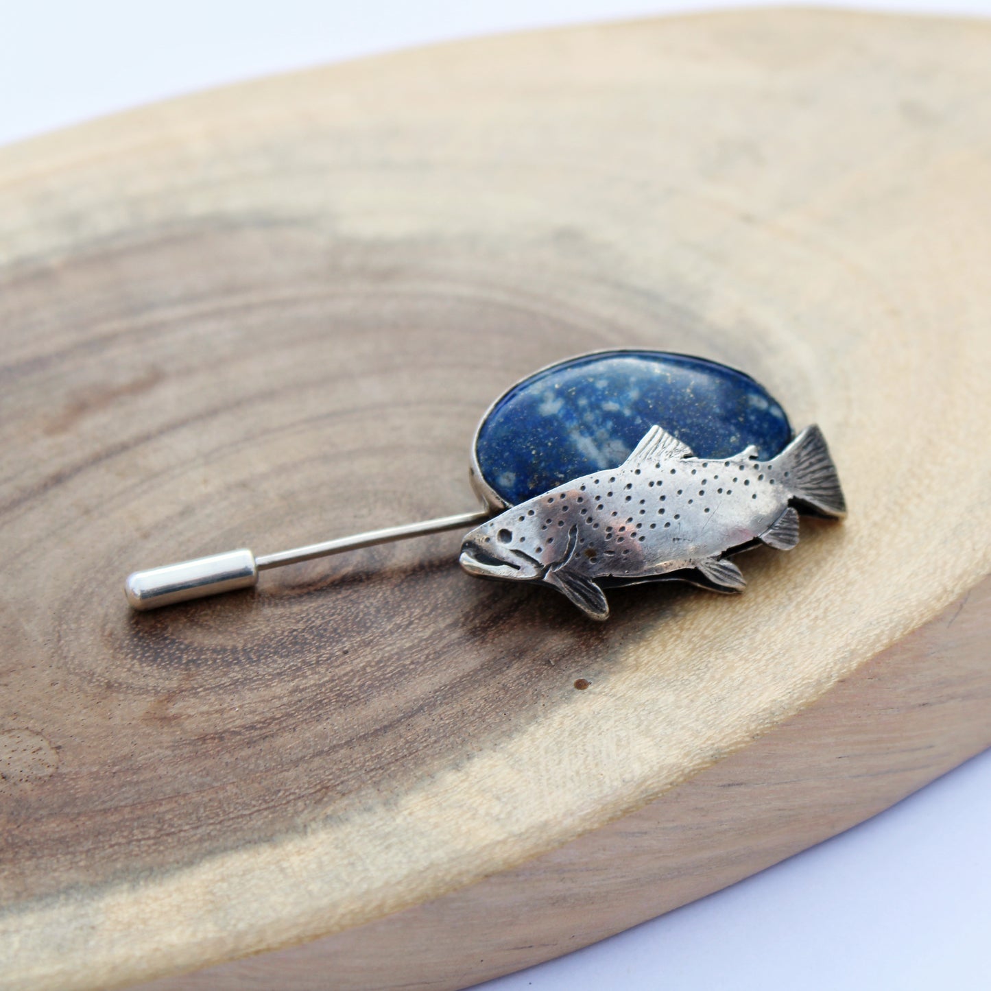 Riverbend Pin: Sterling Silver Trout & Lapis Lazuli