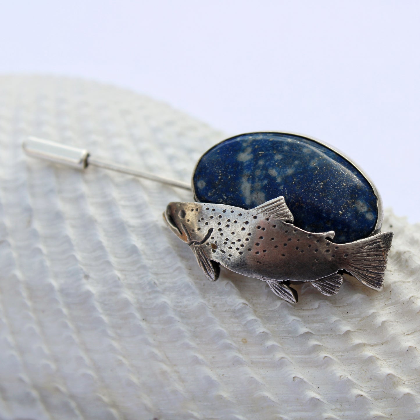Riverbend Pin: Sterling Silver Trout & Lapis Lazuli