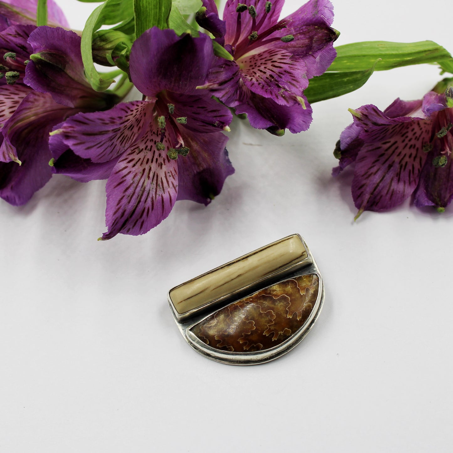 Ancient Echoes Pin: Sterling Silver, Wooly Mammoth Tusk & Ammonite