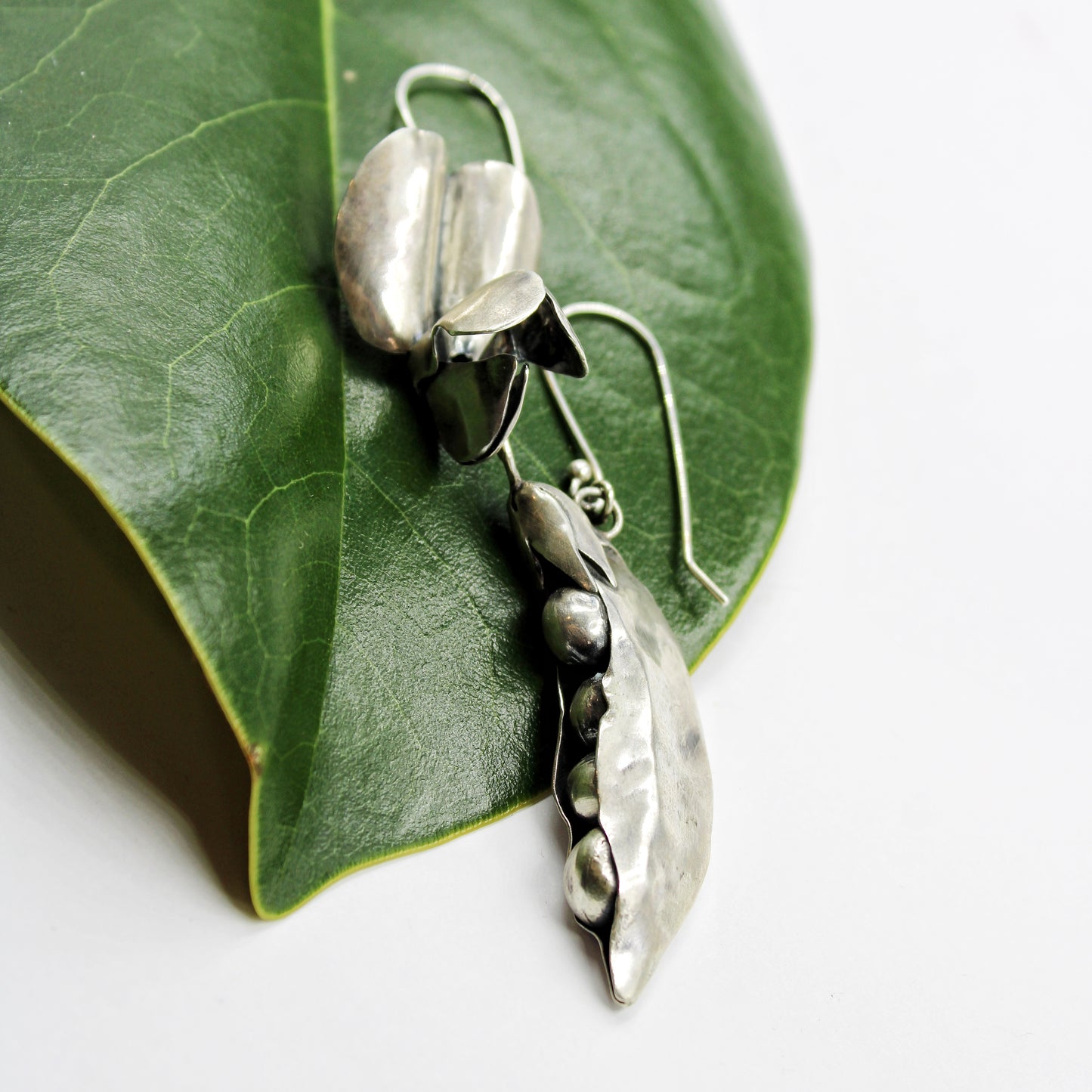 Everlasting Bloom Earrings: Sterling Silver Peapod & Pea Flowers