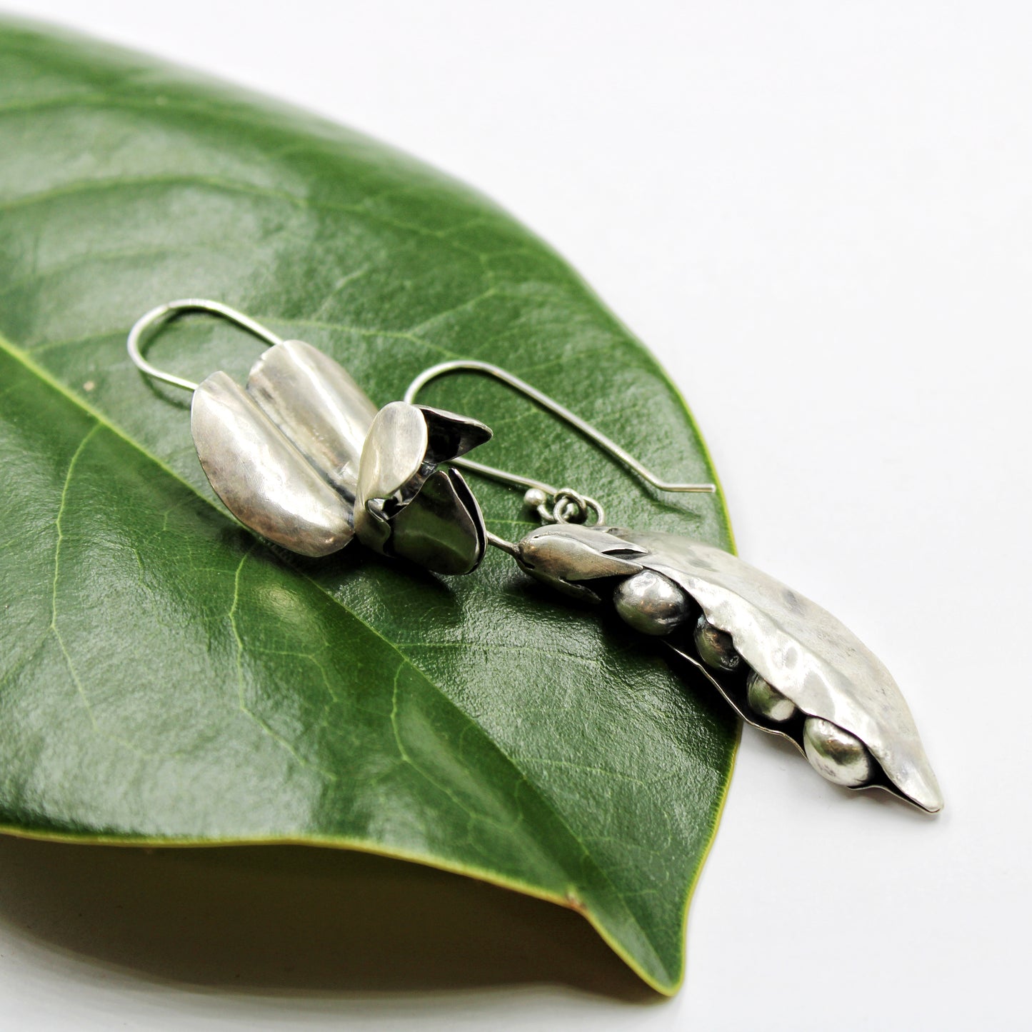 Everlasting Bloom Earrings: Sterling Silver Peapod & Pea Flowers