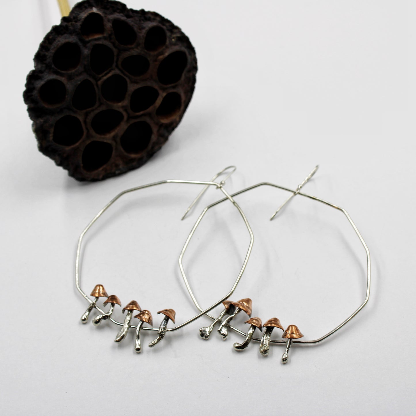 Enchanted Grove Earrings: Sterling Silver and Copper Mushroom Hoops