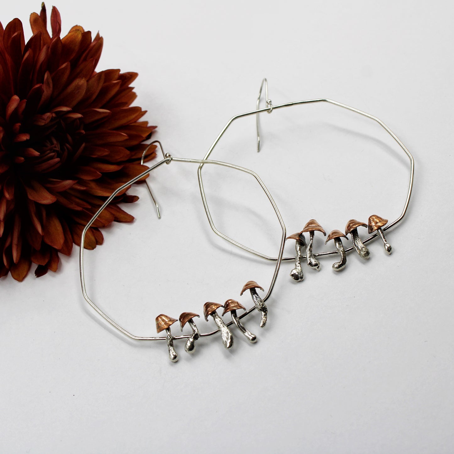 Enchanted Grove Earrings: Sterling Silver and Copper Mushroom Hoops