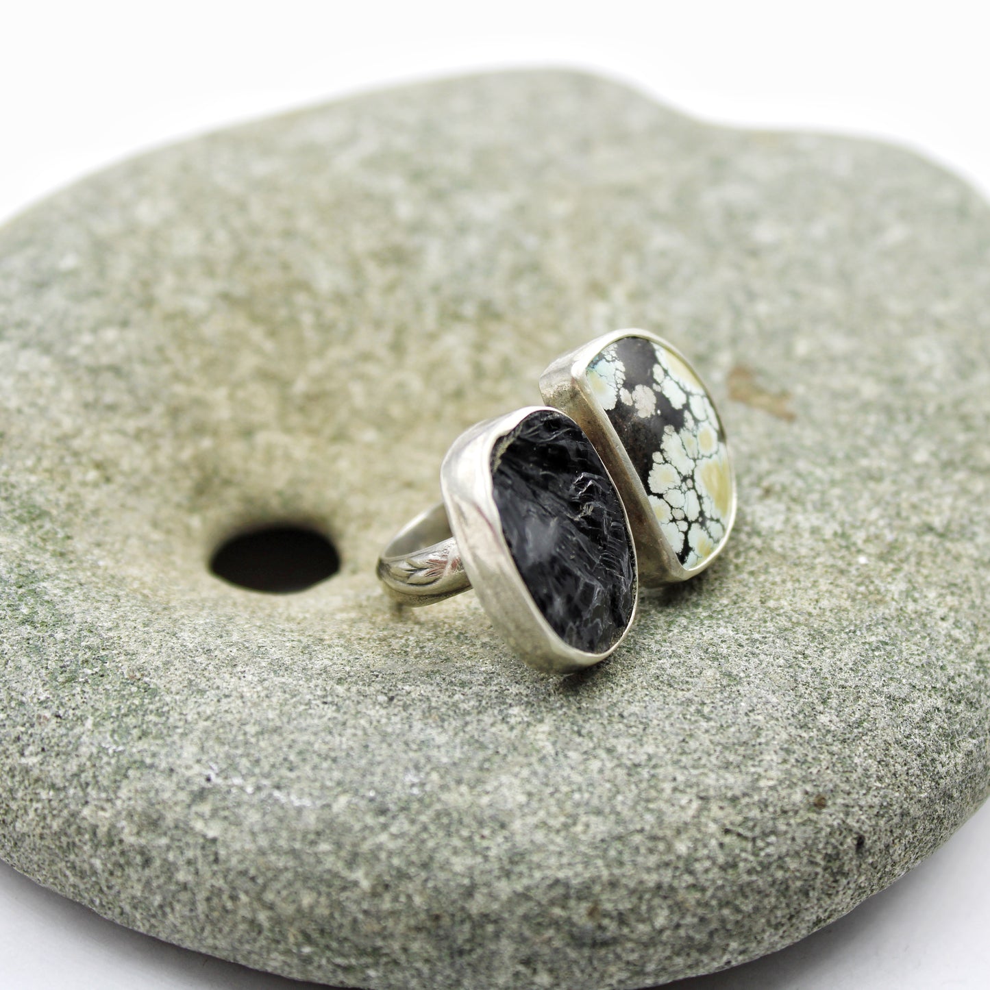 Twin Peaks Ring: Giraffe Turquoise & Raw Black Tourmaline - size 8.5