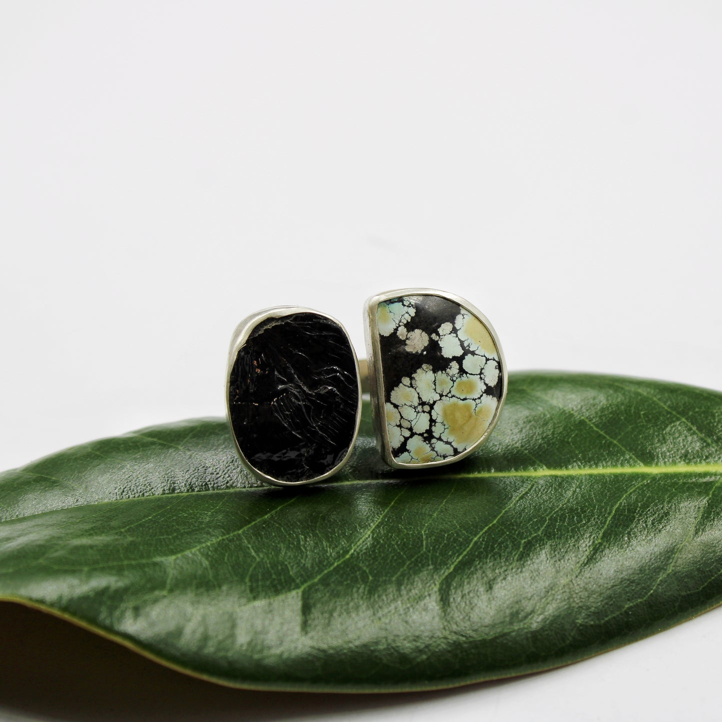 Twin Peaks Ring: Giraffe Turquoise & Raw Black Tourmaline - size 8.5