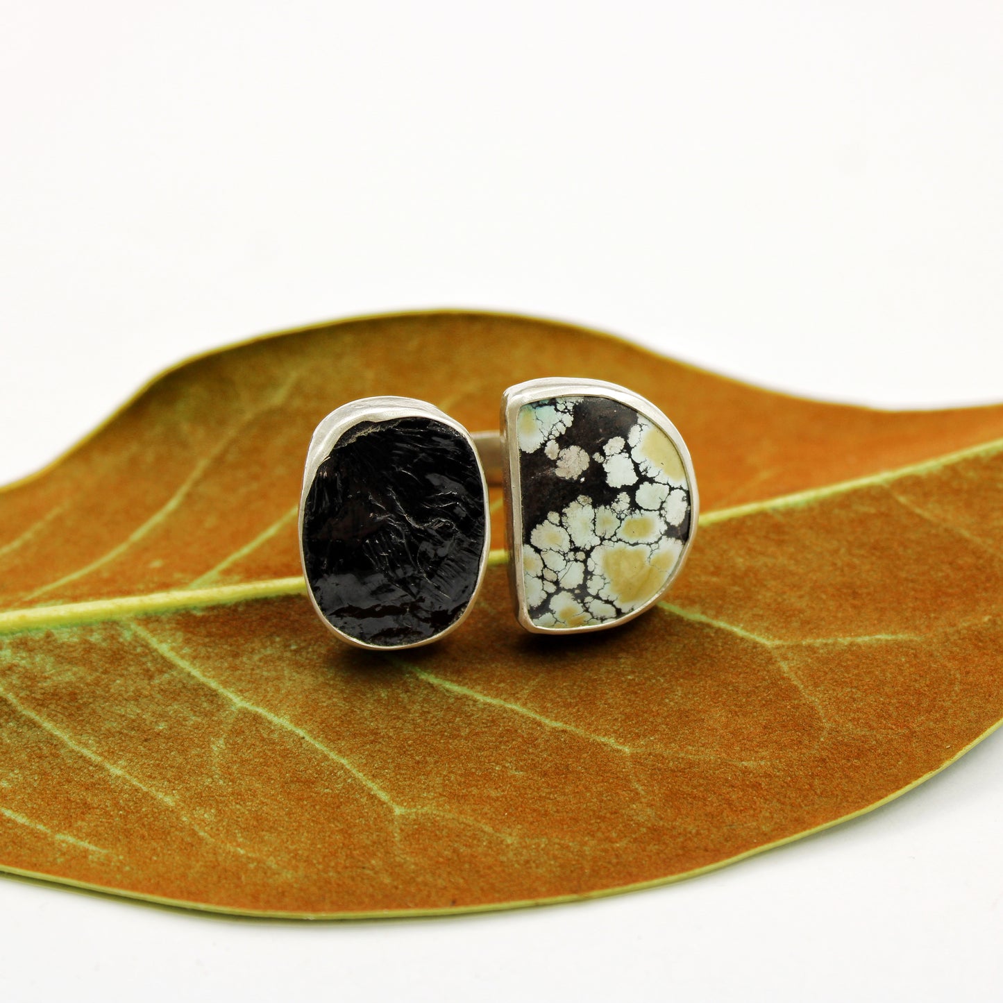 Twin Peaks Ring: Giraffe Turquoise & Raw Black Tourmaline - size 8.5