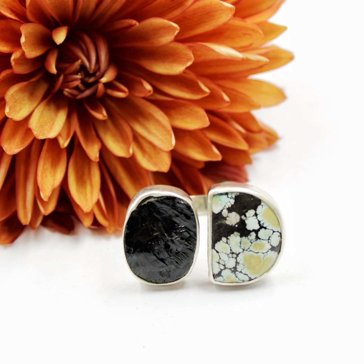 Twin Peaks Ring: Giraffe Turquoise & Raw Black Tourmaline - size 8.5