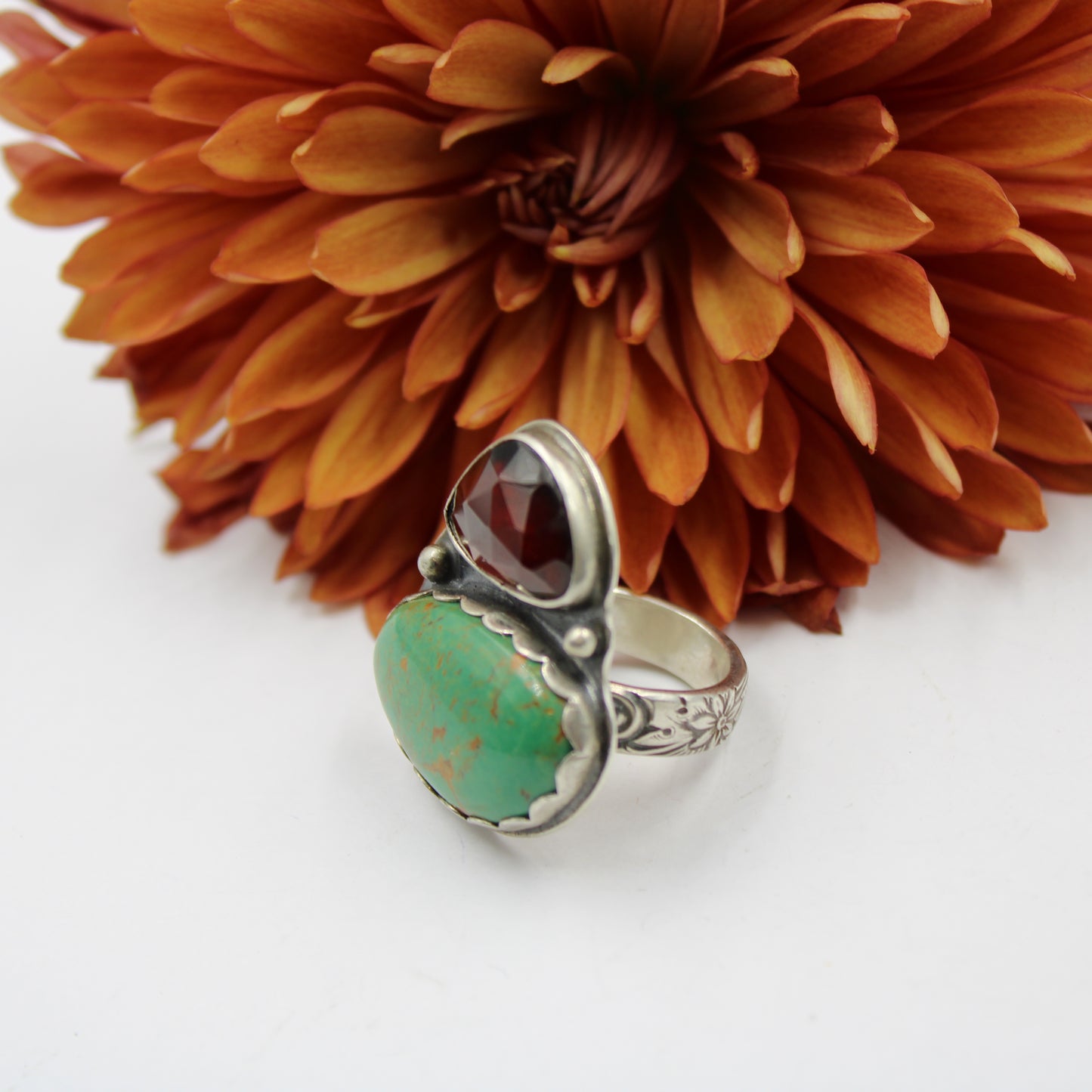 Sunset River Ring: Sterling Silver Hessonite Garnet & Turquoise - size 6