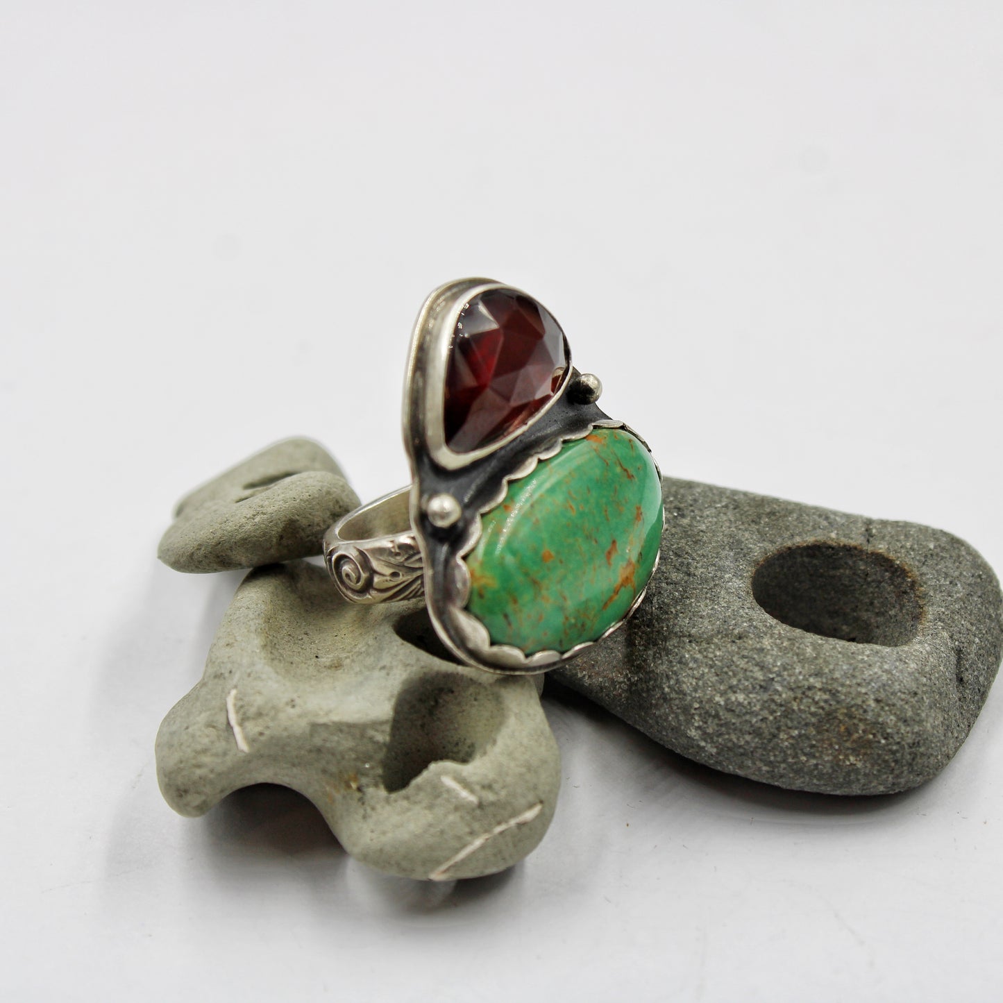 Sunset River Ring: Sterling Silver Hessonite Garnet & Turquoise - size 6