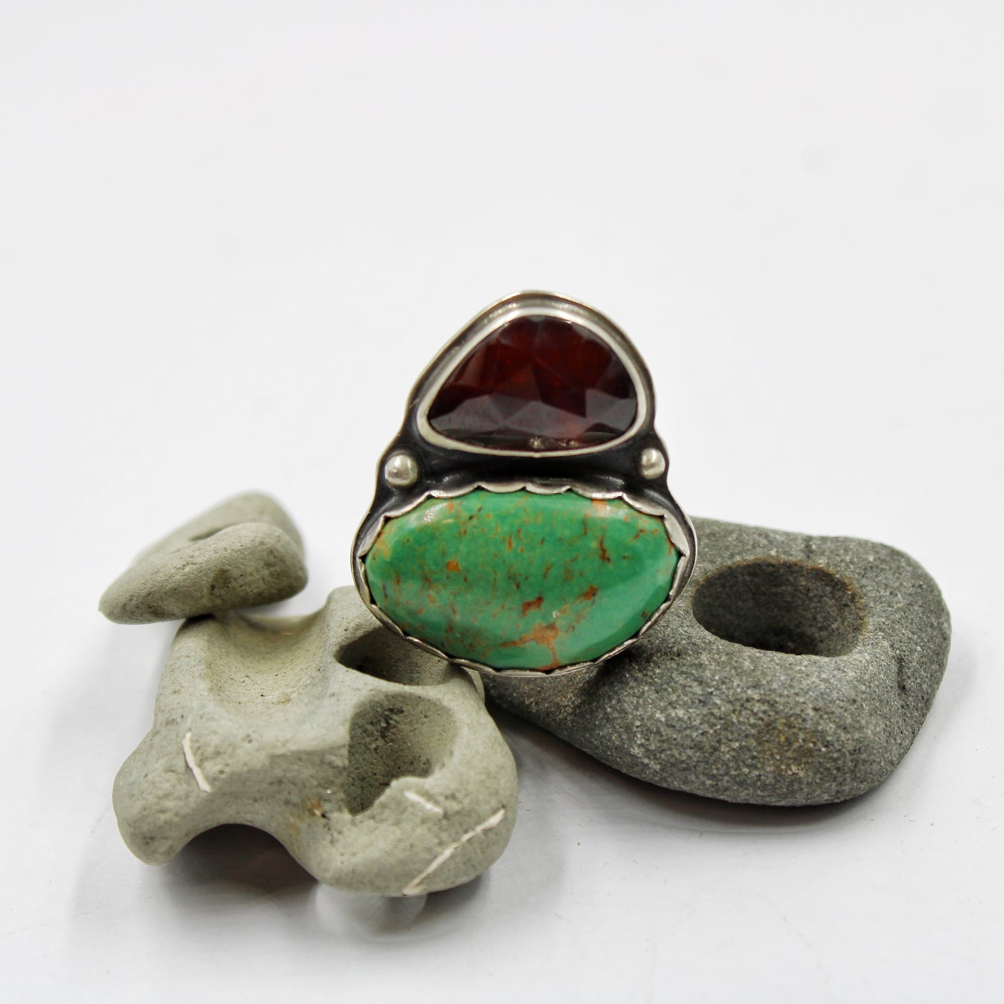 Sunset River Ring: Sterling Silver Hessonite Garnet & Turquoise - size 6