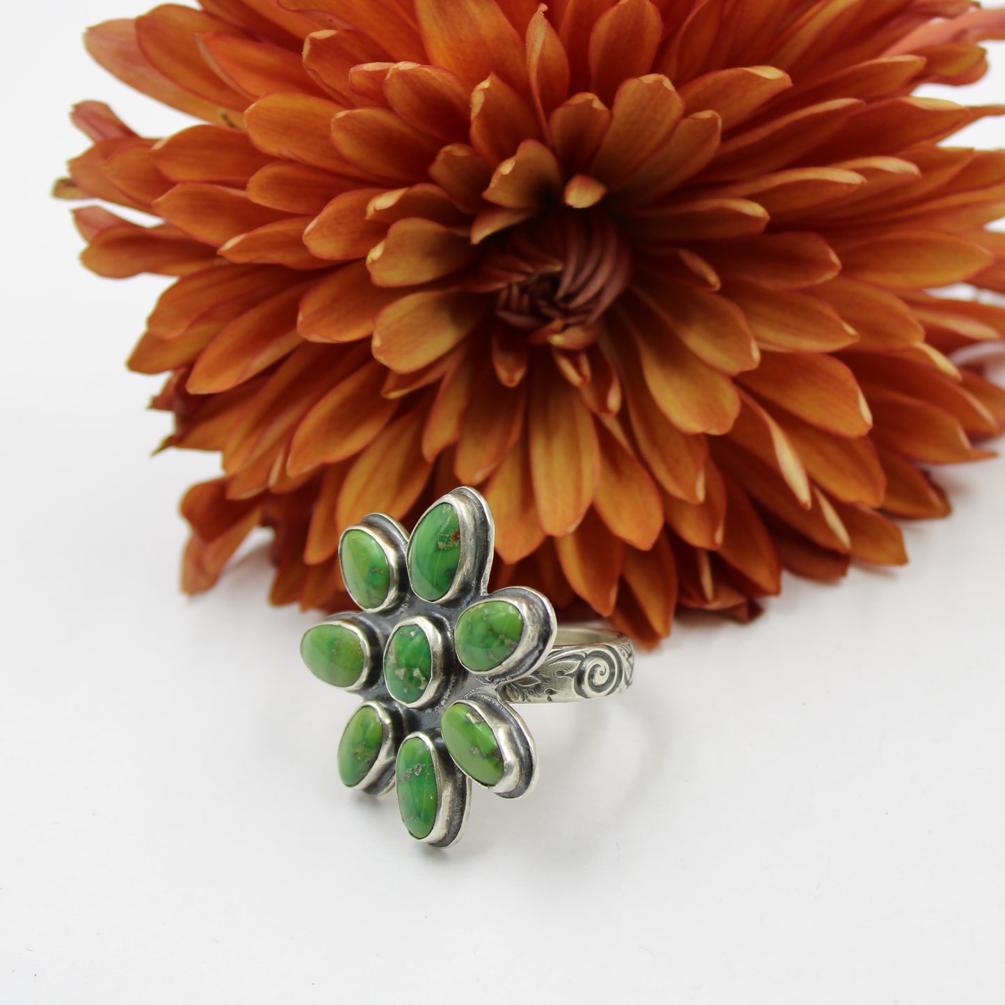 Flourish Ring: Sonoran Lime Turquoise Flower - size 8.75