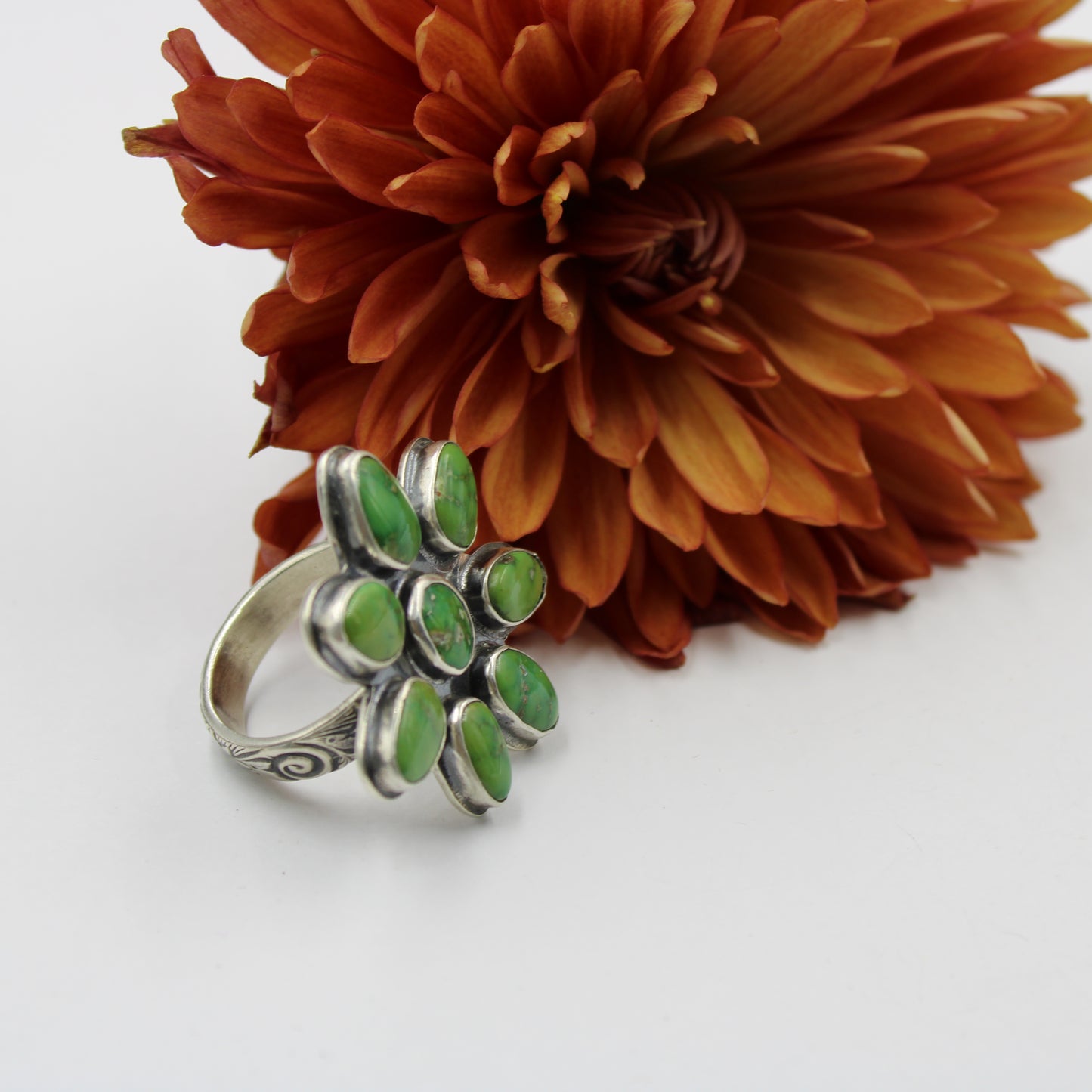 Flourish Ring: Sonoran Lime Turquoise Flower - size 8.75