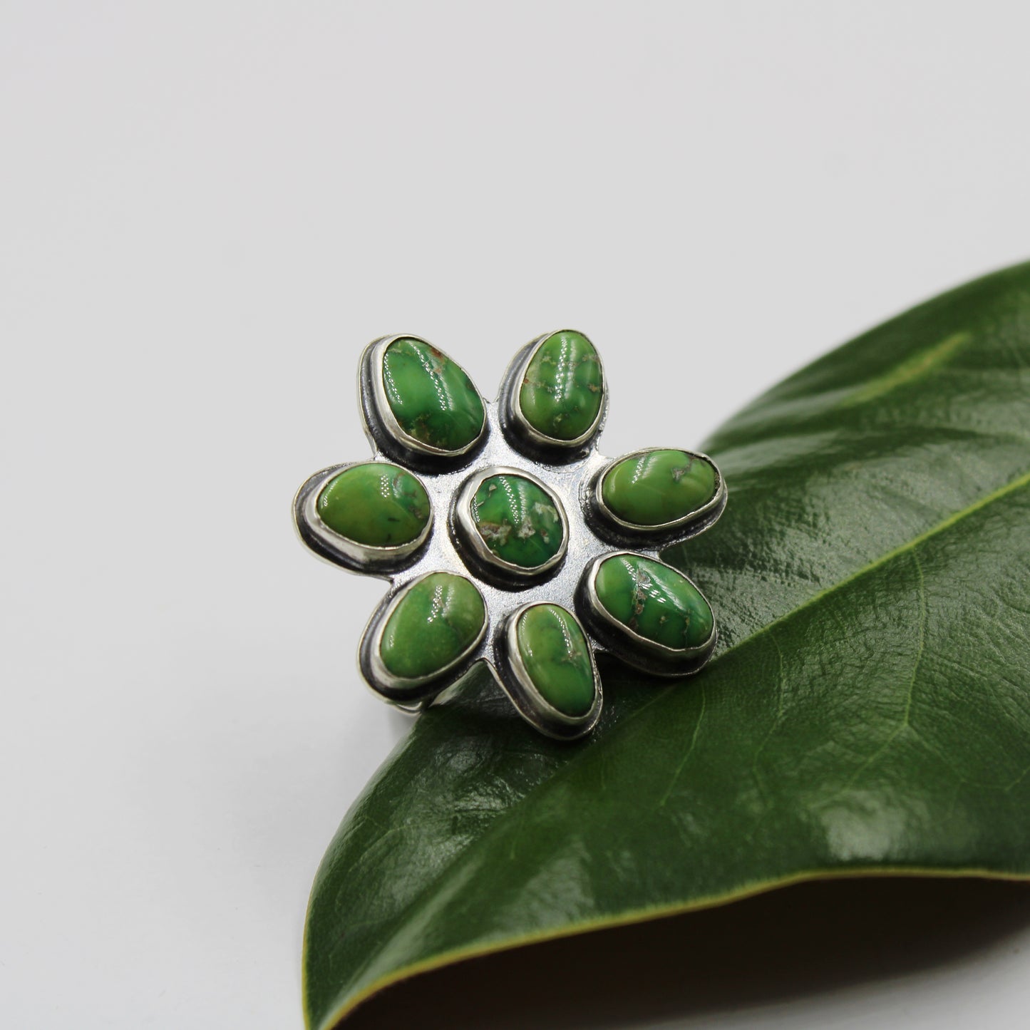 Flourish Ring: Sonoran Lime Turquoise Flower - size 8.75
