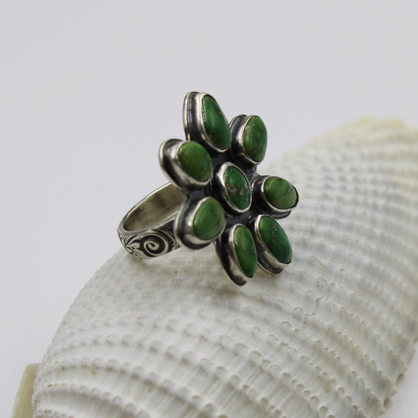 Flourish Ring: Sonoran Lime Turquoise Flower - size 8.75
