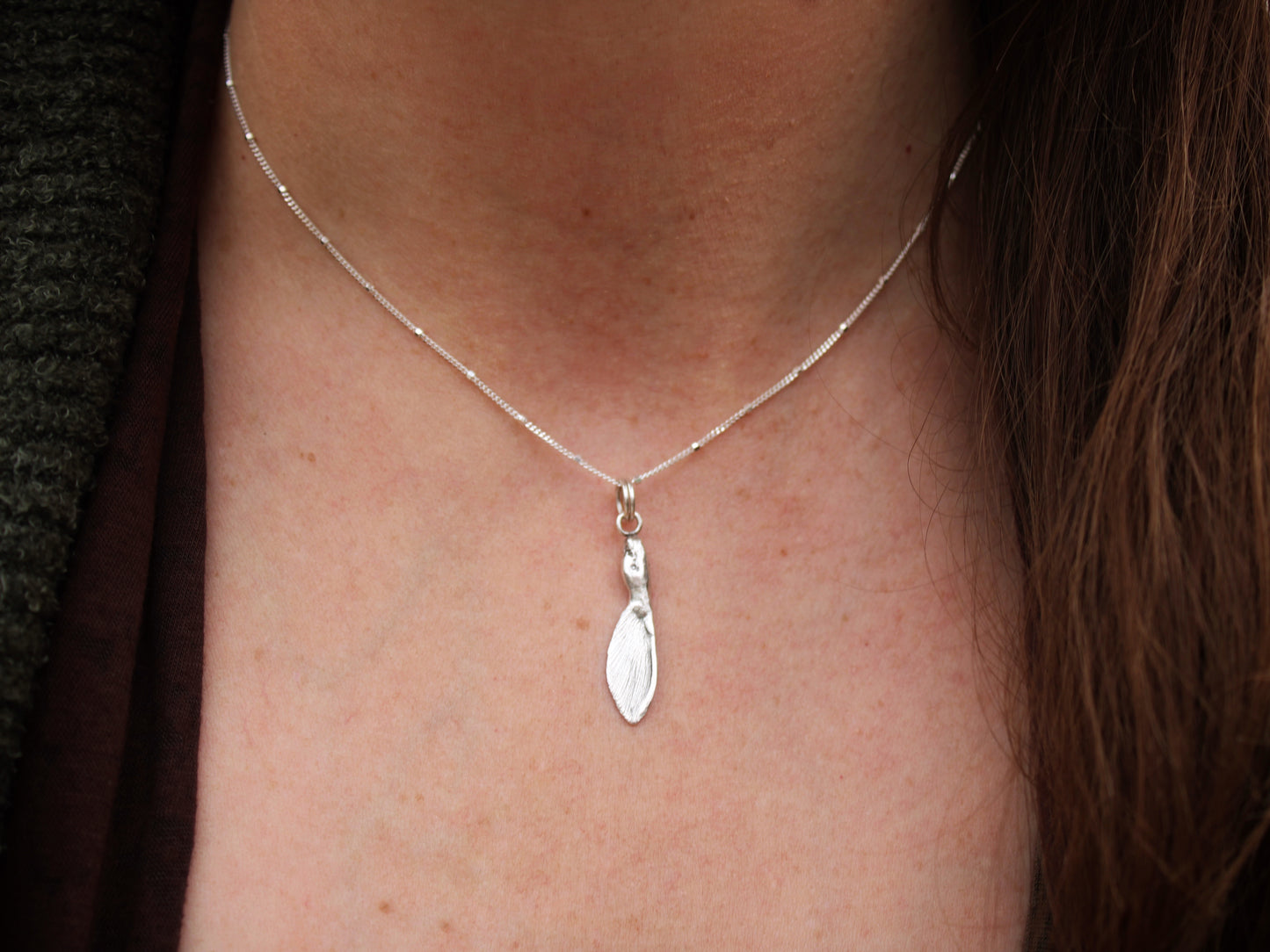 Solace in Flight Pendant: Sterling Silver Maple Samara