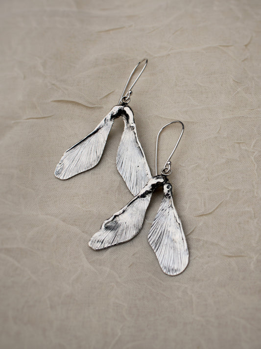 Spirited Seed Earrings: Sterling Silver Maple Samaras