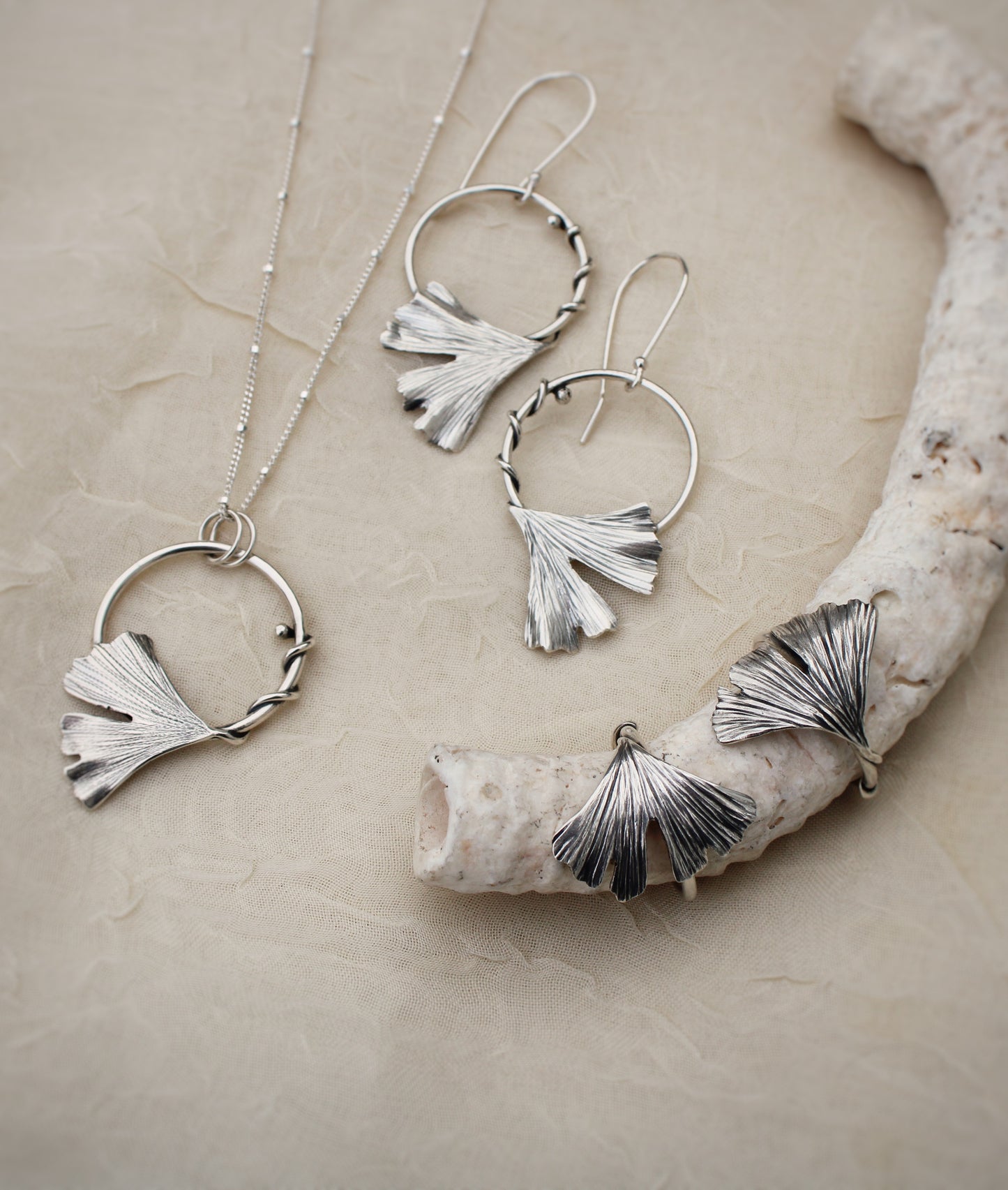 Golden Dawn Pendant: Sterling Silver Gingko Leaves