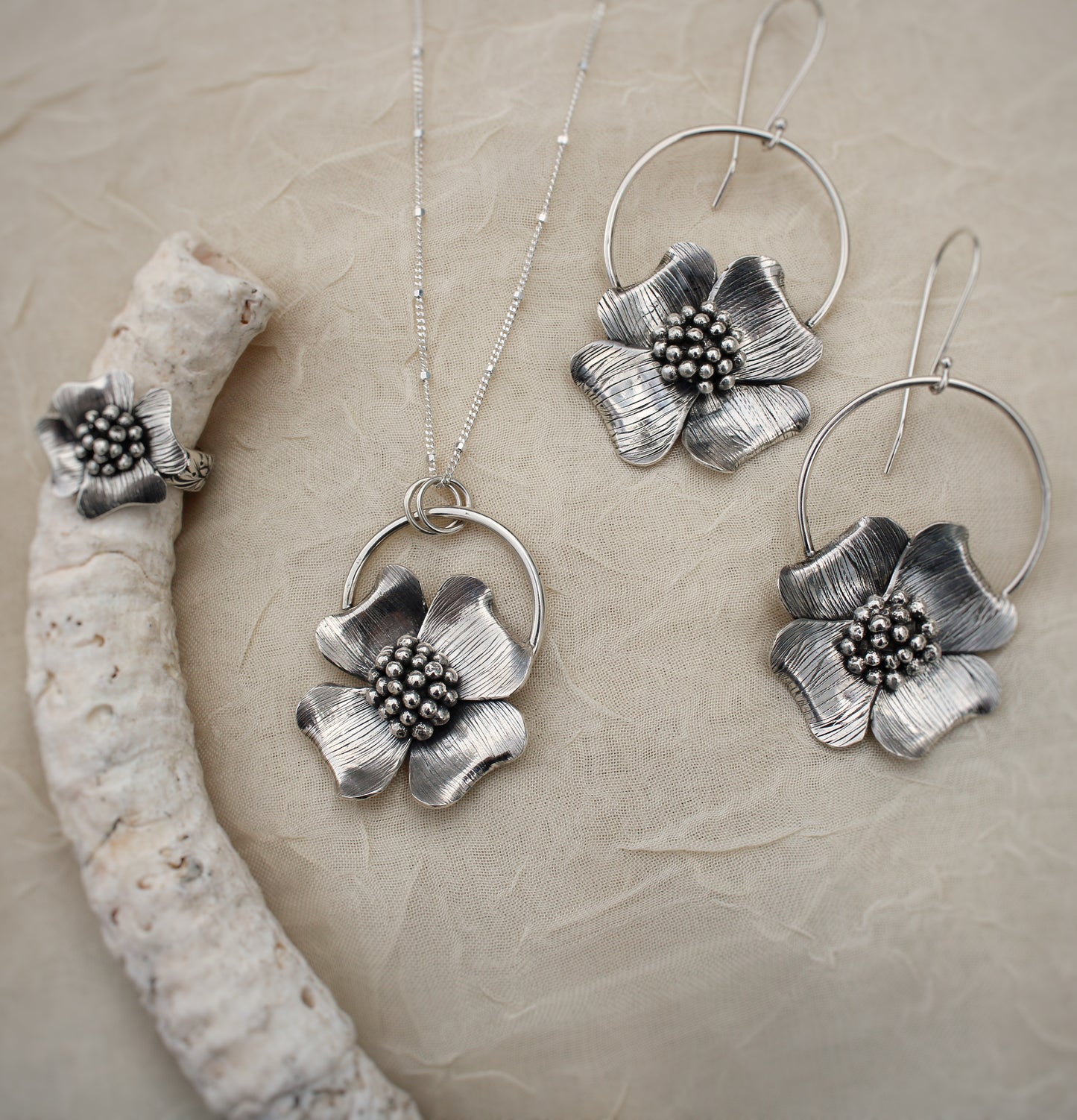 Reverie Rings: Sterling Silver Dogwood Flowers