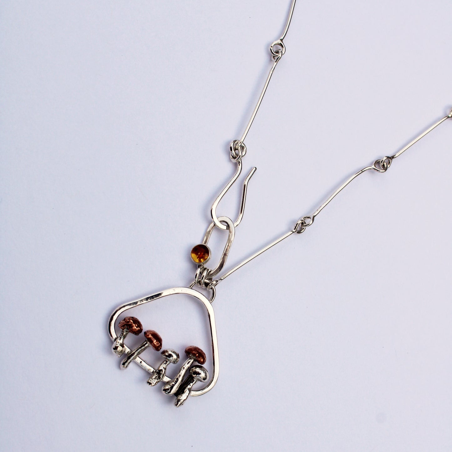 Forest Ember Necklace: Mushroom Pendant with Baltic Amber on Handmade Chain