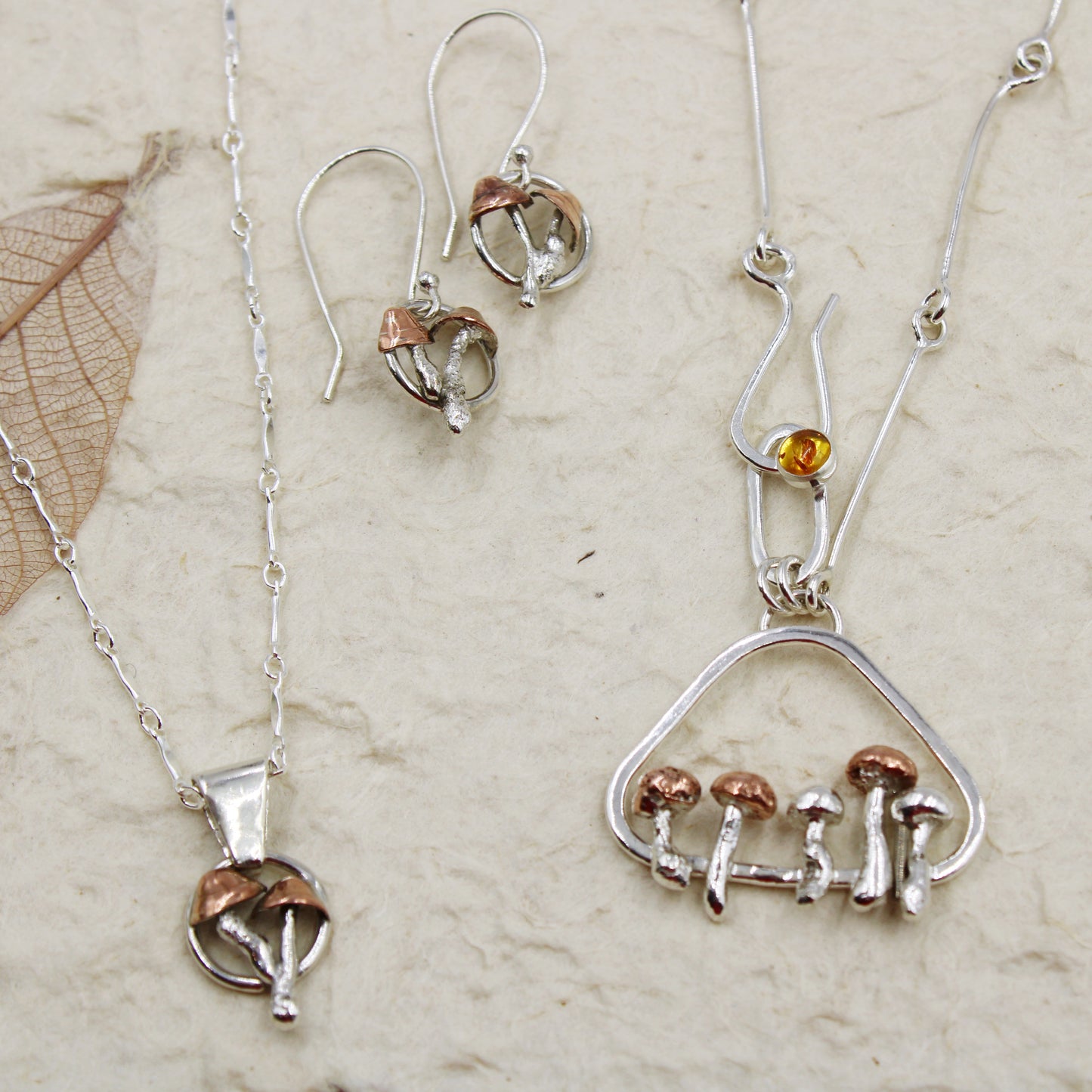 Forest Ember Necklace: Mushroom Pendant with Baltic Amber on Handmade Chain