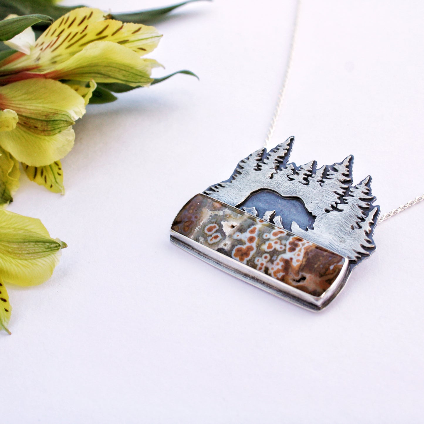 Forest Guardian Necklace: Sterling Silver Forest & Grizzly Bear with Orbicular Jasper