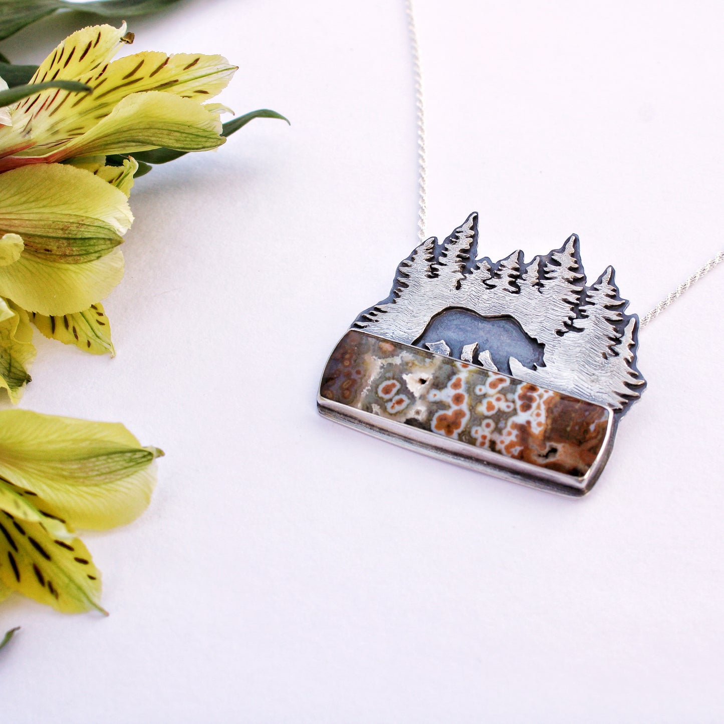 Forest Guardian Necklace: Sterling Silver Forest & Grizzly Bear with Orbicular Jasper