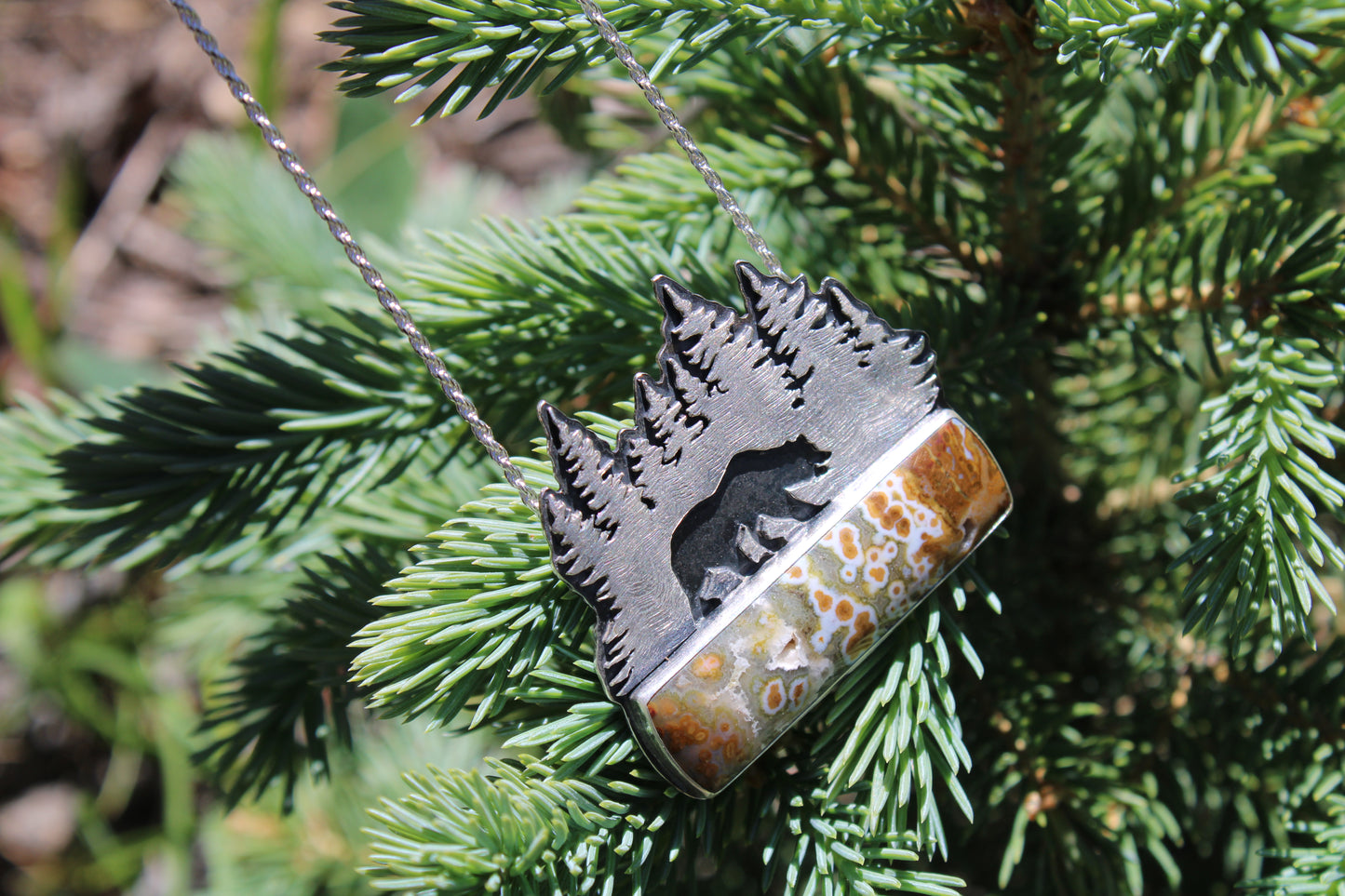 Forest Guardian Necklace: Sterling Silver Forest & Grizzly Bear with Orbicular Jasper