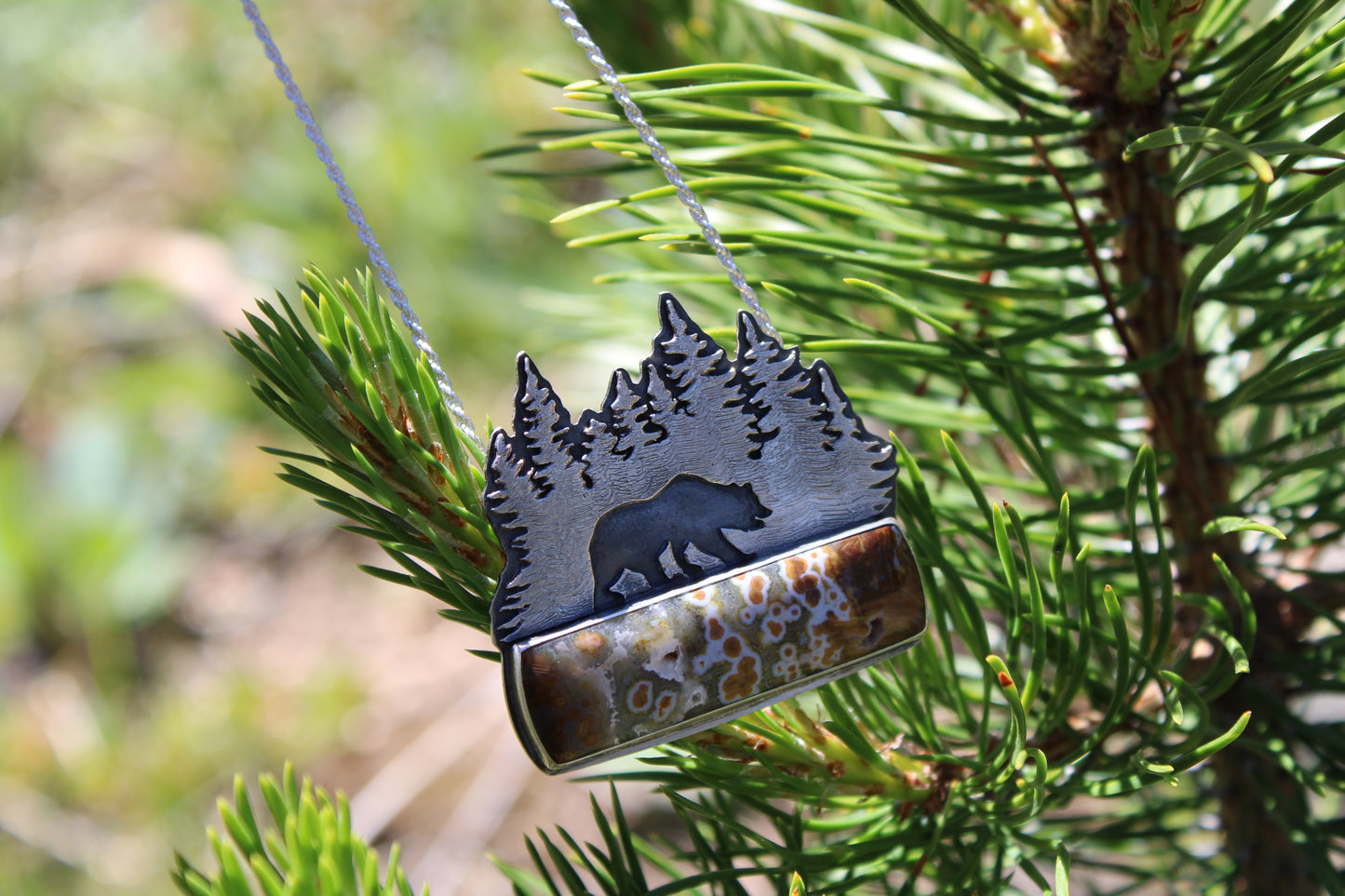 Forest Guardian Necklace: Sterling Silver Forest & Grizzly Bear with Orbicular Jasper