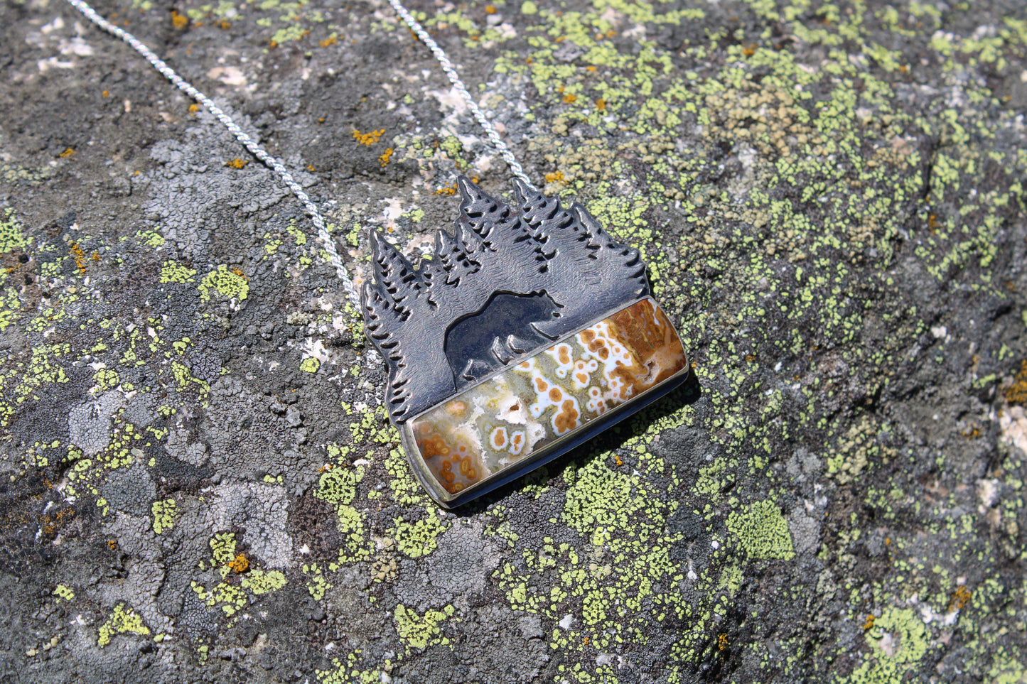Forest Guardian Necklace: Sterling Silver Forest & Grizzly Bear with Orbicular Jasper