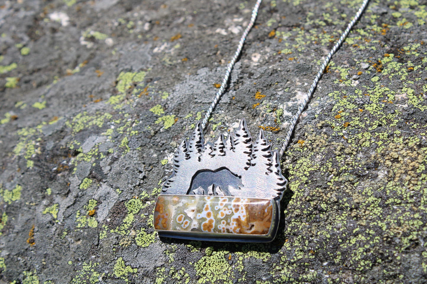 Forest Guardian Necklace: Sterling Silver Forest & Grizzly Bear with Orbicular Jasper