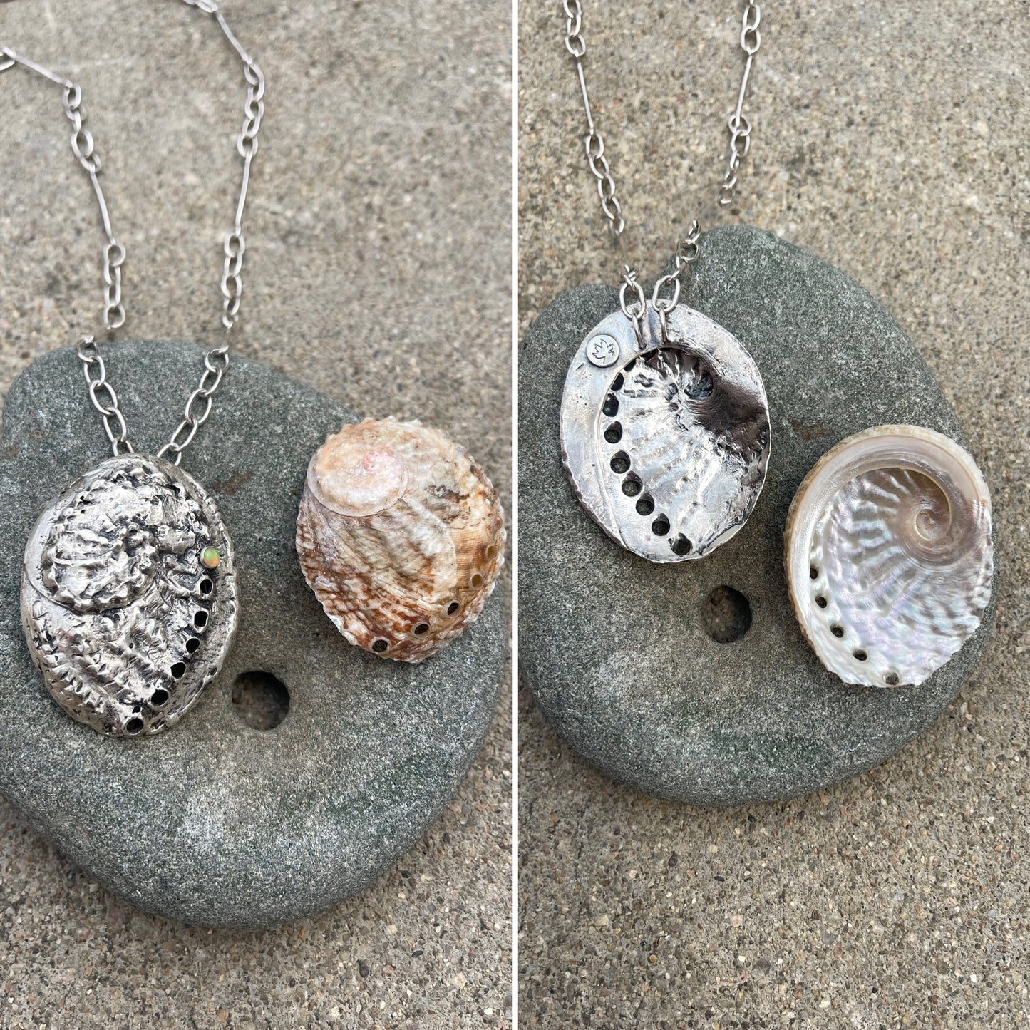 Breathing Tide Necklace: Hand-fabricated sterling silver abalone shell with Ethiopian Opal