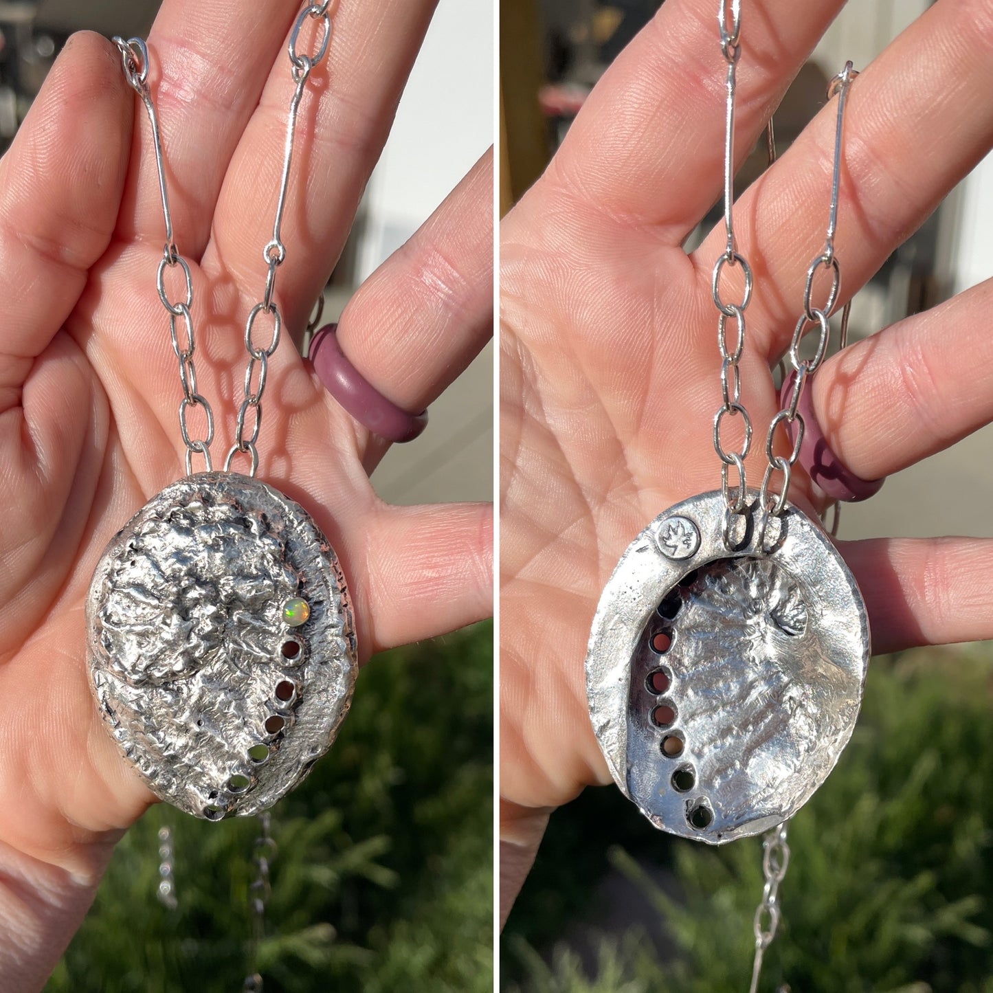 Breathing Tide Necklace: Hand-fabricated sterling silver abalone shell with Ethiopian Opal