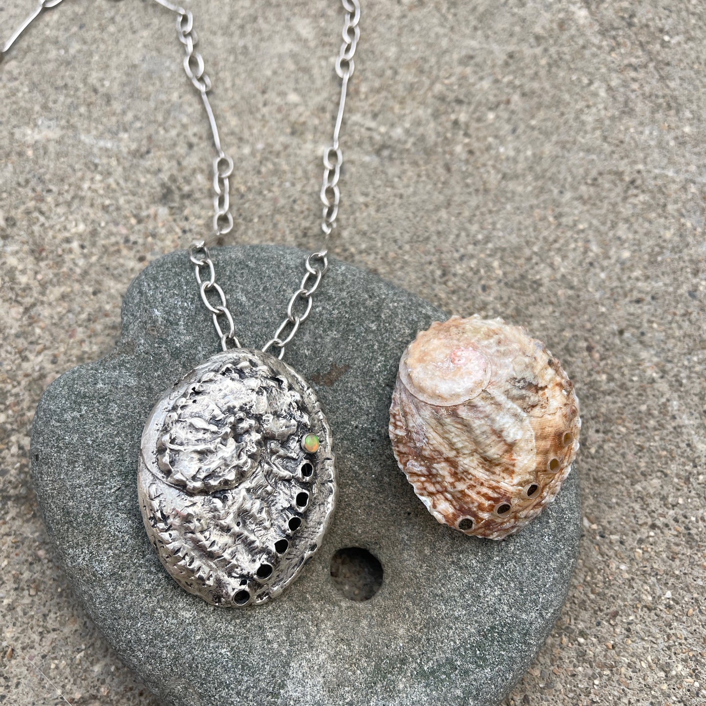 Breathing Tide Necklace: Hand-fabricated sterling silver abalone shell with Ethiopian Opal