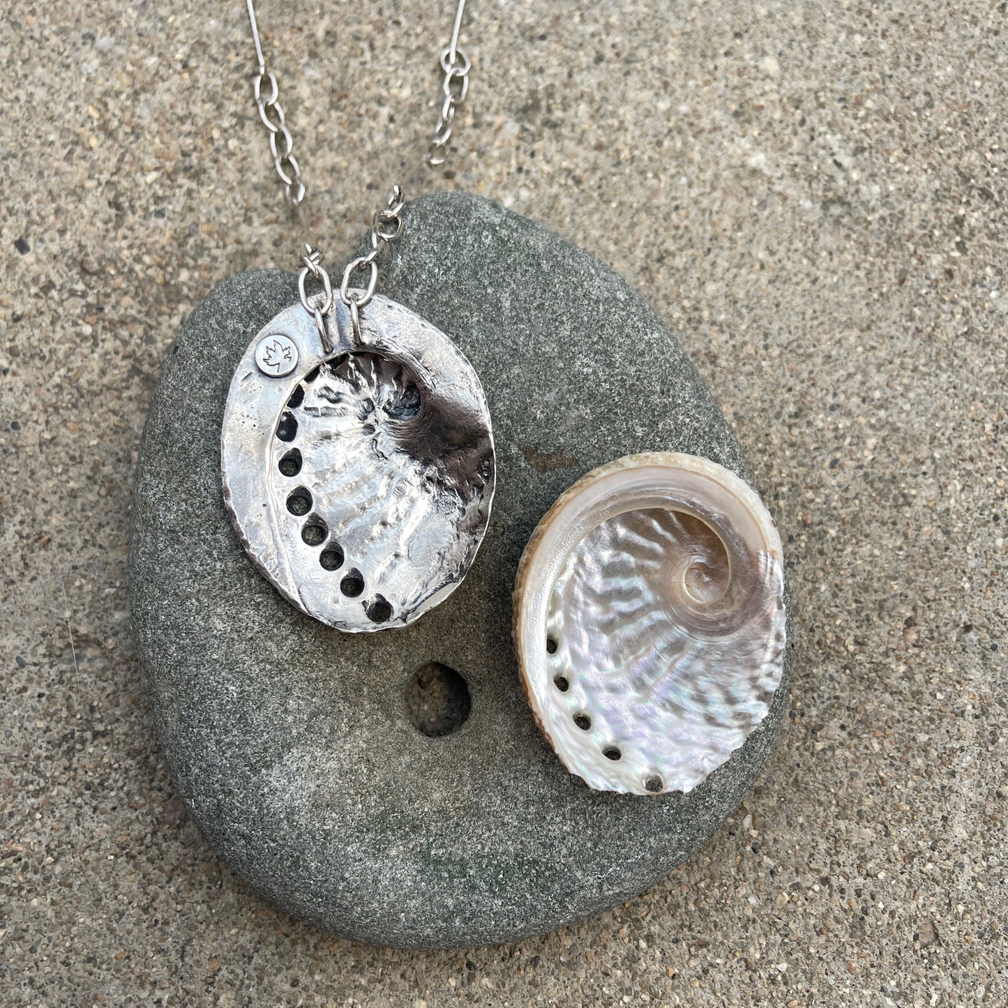 Breathing Tide Necklace: Hand-fabricated sterling silver abalone shell with Ethiopian Opal