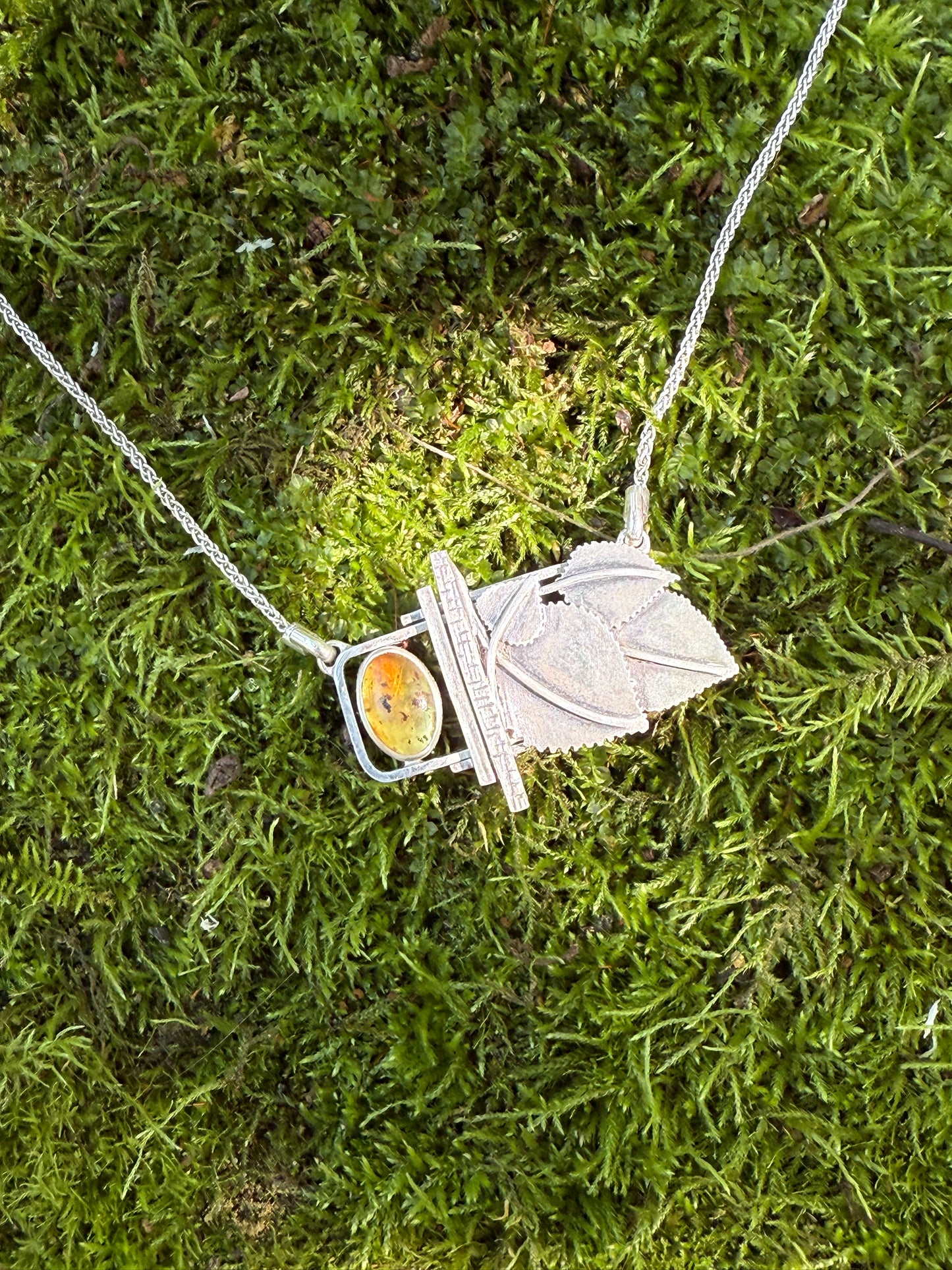 Golden Grove Necklace: Sterling Silver & Baltic Amber Aspen Leaf Pendant