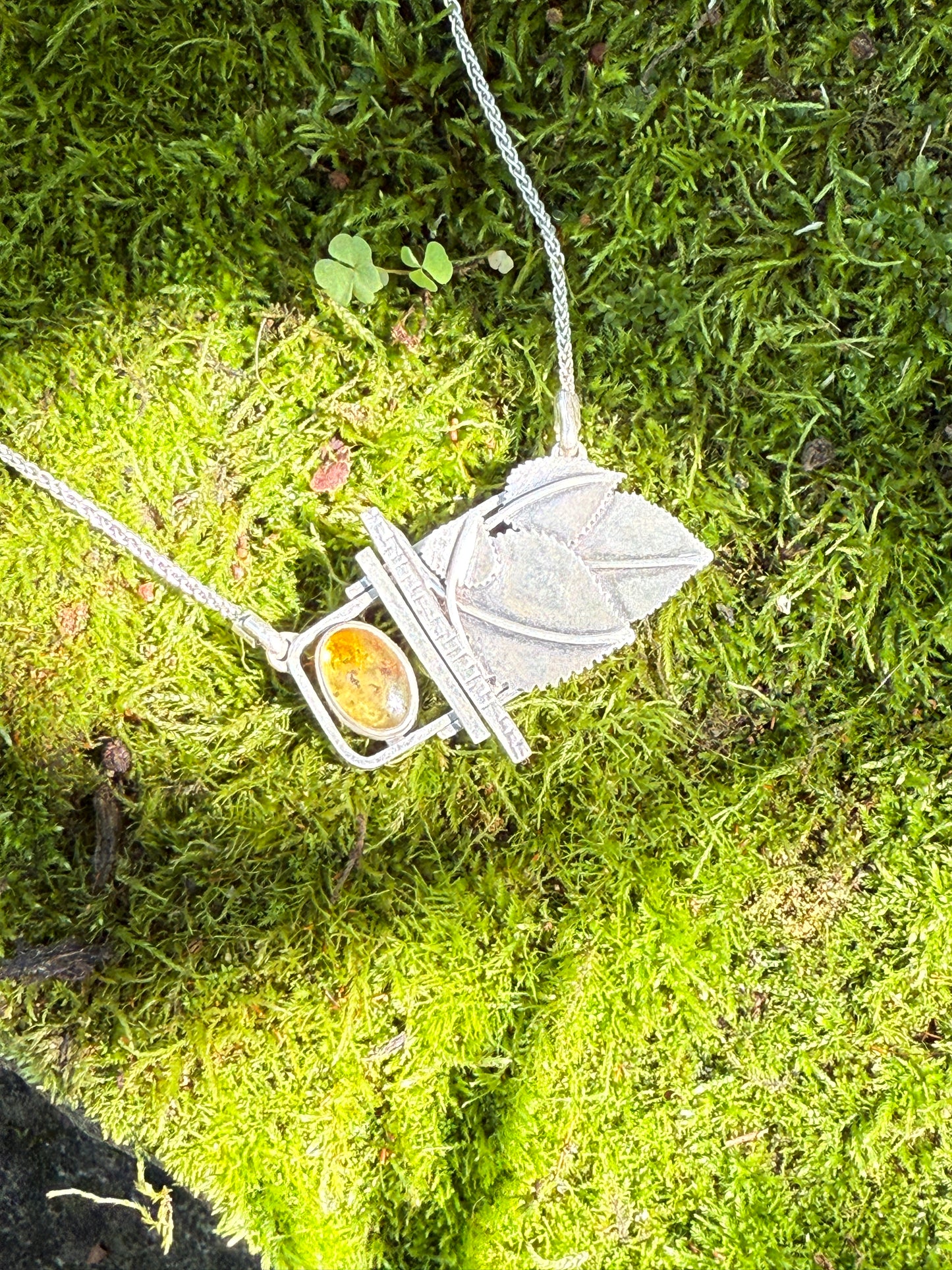 Golden Grove Necklace: Sterling Silver & Baltic Amber Aspen Leaf Pendant