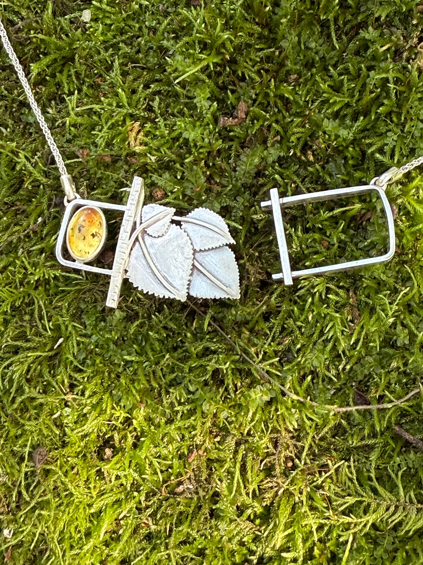 Golden Grove Necklace: Sterling Silver & Baltic Amber Aspen Leaf Pendant