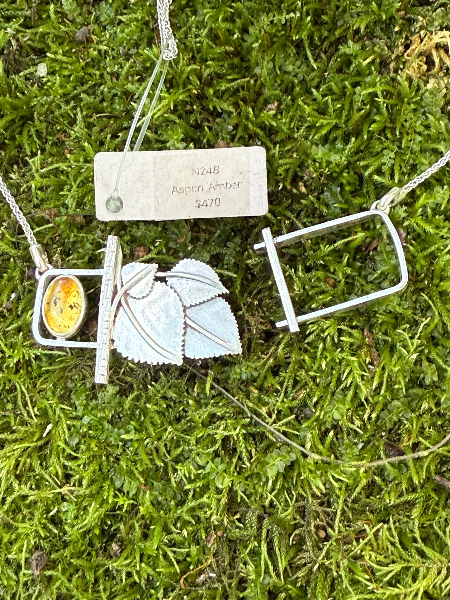 Golden Grove Necklace: Sterling Silver & Baltic Amber Aspen Leaf Pendant