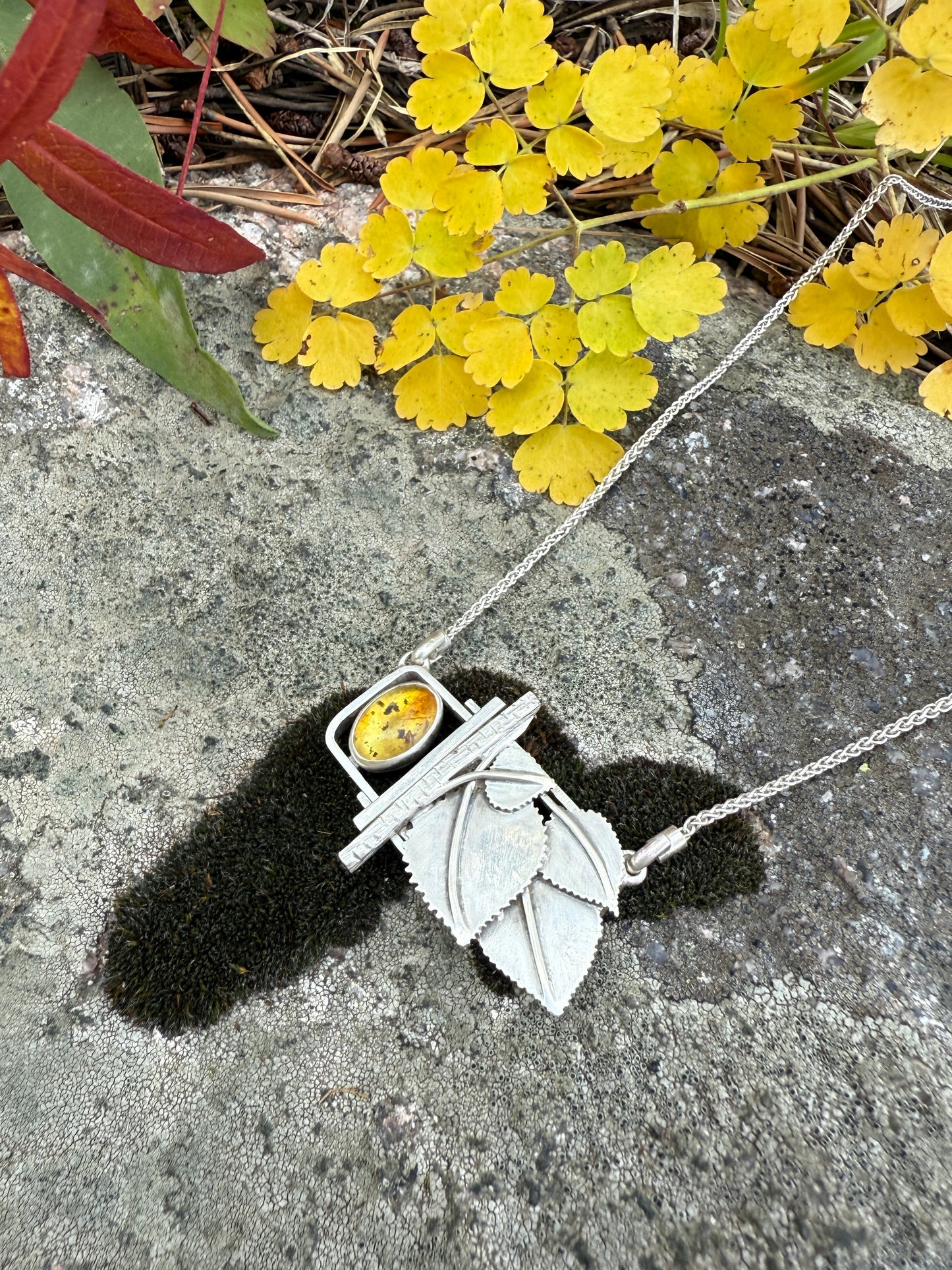 Golden Grove Necklace: Sterling Silver & Baltic Amber Aspen Leaf Pendant