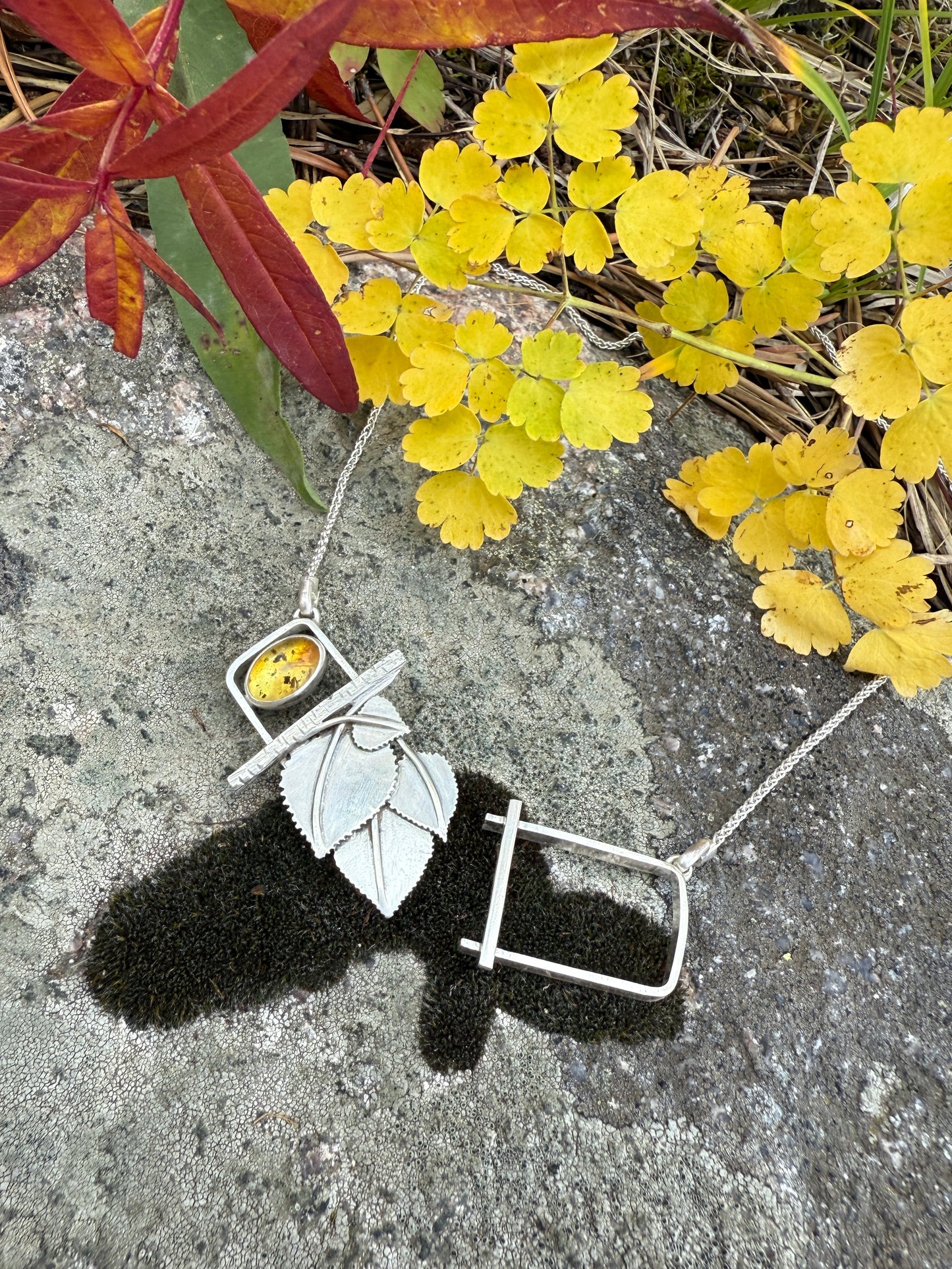 Golden Grove Necklace: Sterling Silver & Baltic Amber Aspen Leaf Pendant