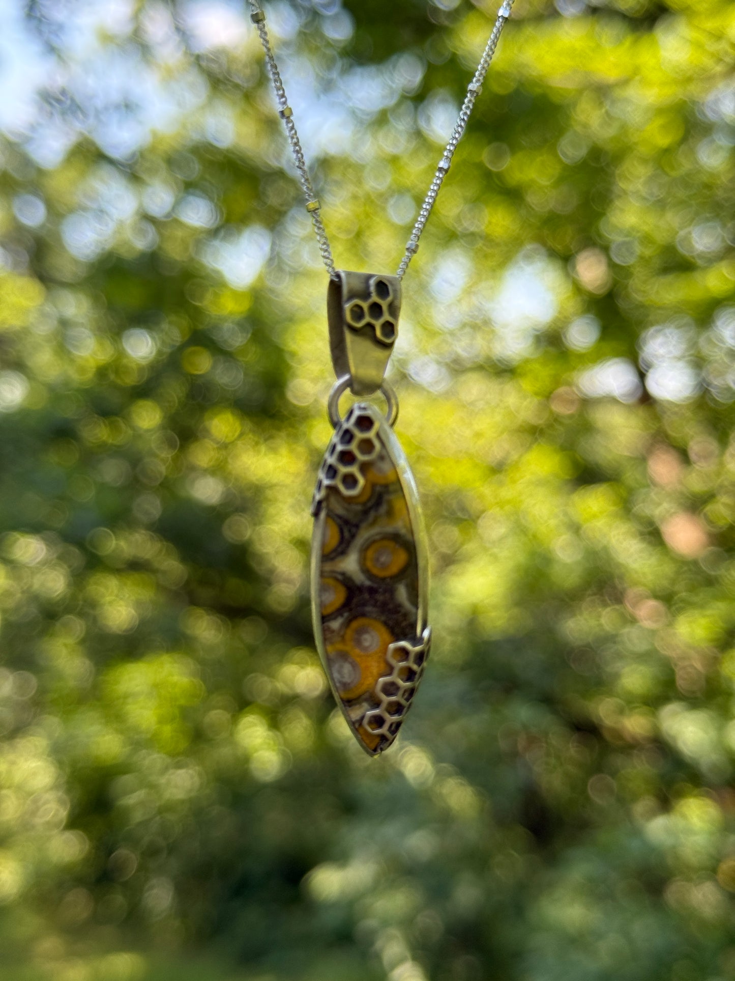 Honeyed Haven Necklace: Sterling Silver & Bumblebee Jasper Honeycomb Pendant