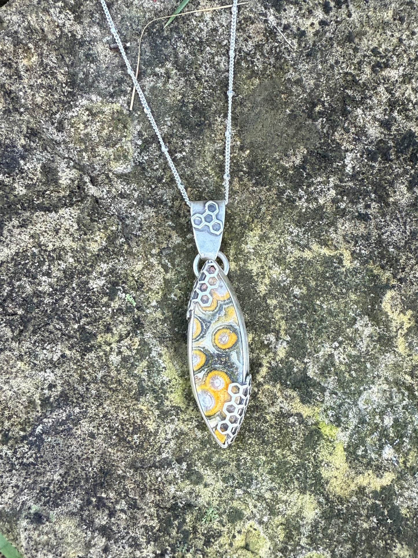 Honeyed Haven Necklace: Sterling Silver & Bumblebee Jasper Honeycomb Pendant