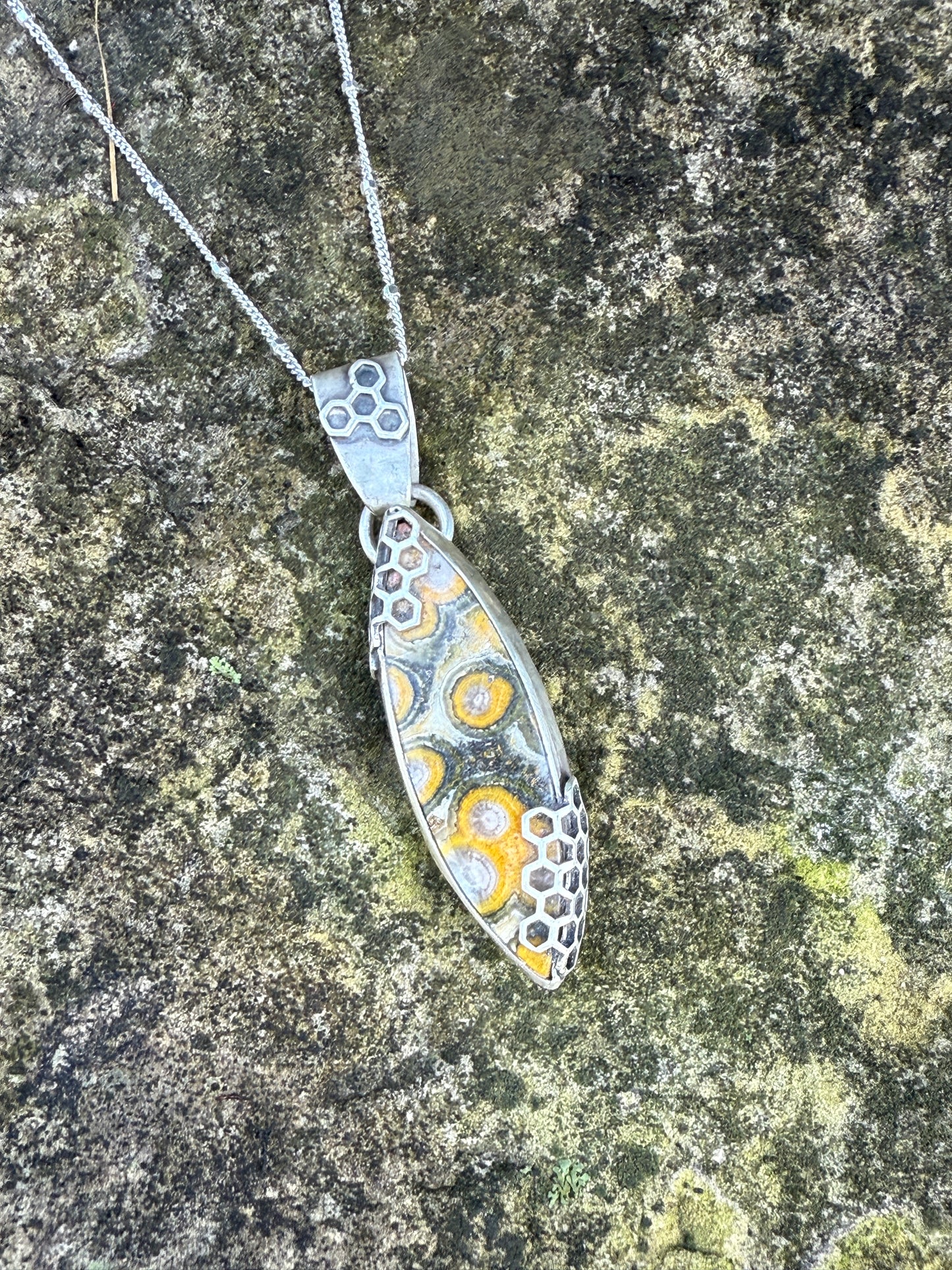 Honeyed Haven Necklace: Sterling Silver & Bumblebee Jasper Honeycomb Pendant