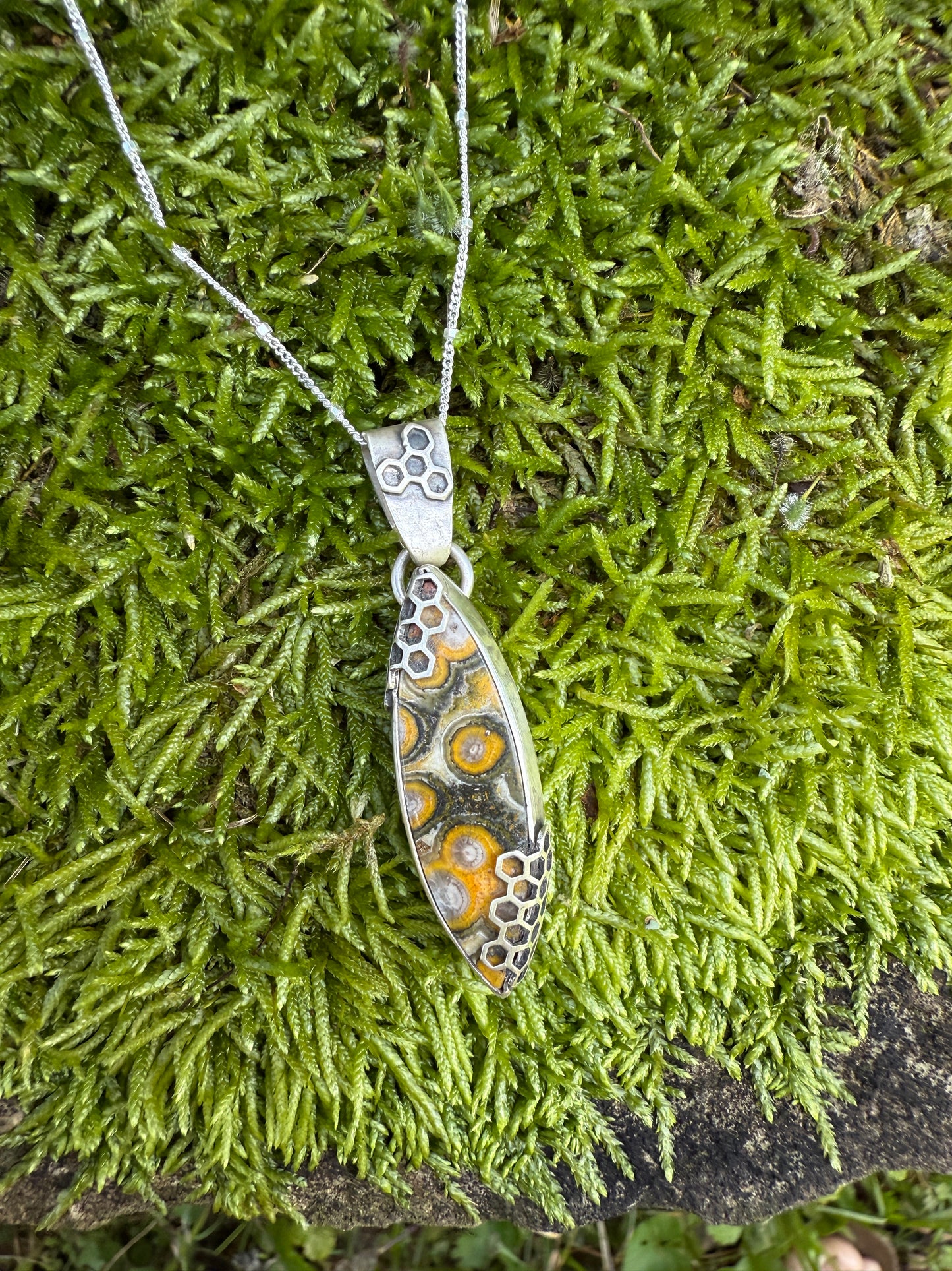 Honeyed Haven Necklace: Sterling Silver & Bumblebee Jasper Honeycomb Pendant