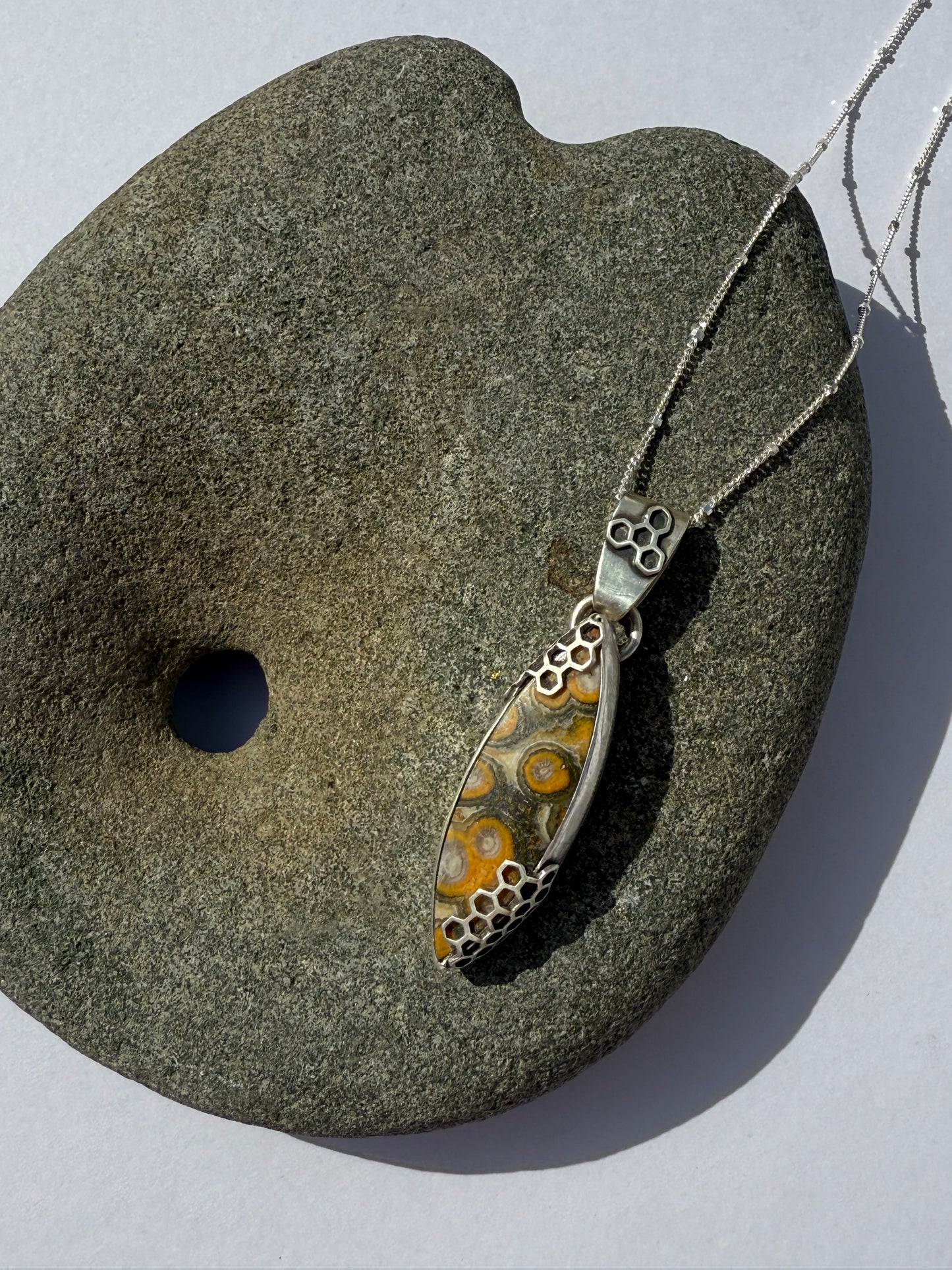 Honeyed Haven Necklace: Sterling Silver & Bumblebee Jasper Honeycomb Pendant