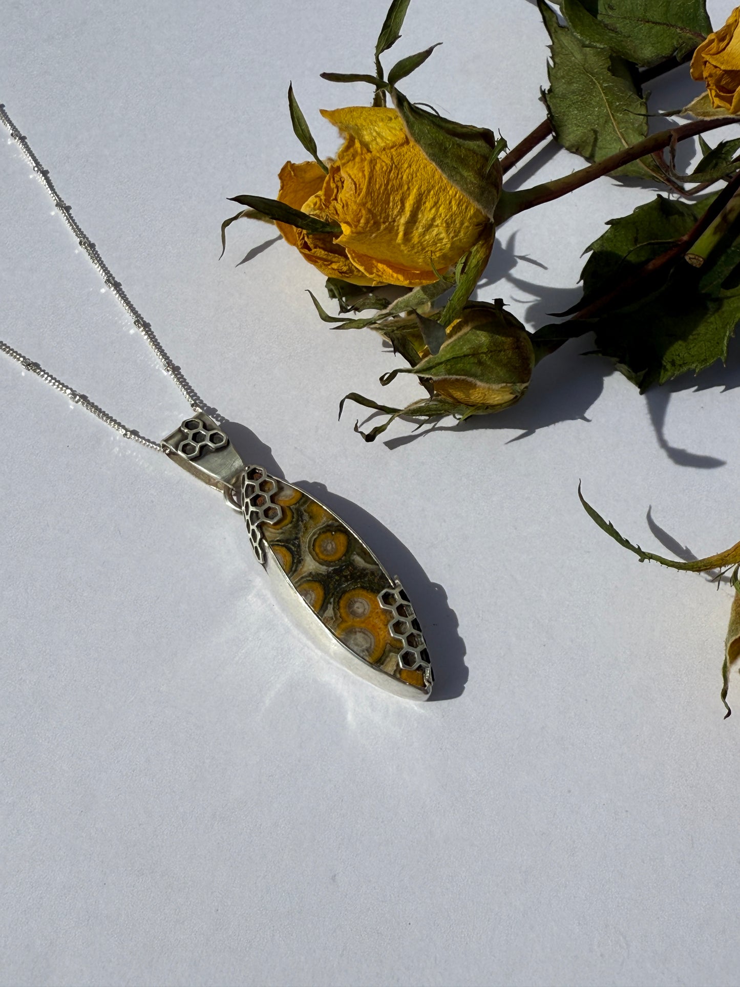 Honeyed Haven Necklace: Sterling Silver & Bumblebee Jasper Honeycomb Pendant