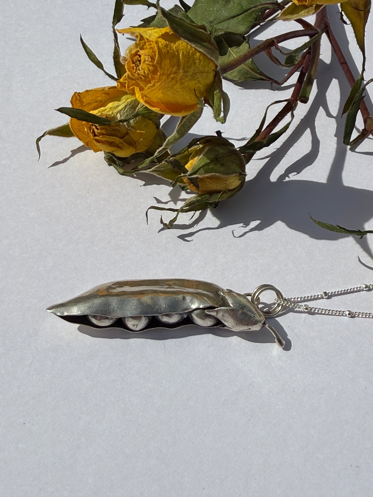 Seeds of Wonder Necklace: Sterling Silver Peapod Pendant