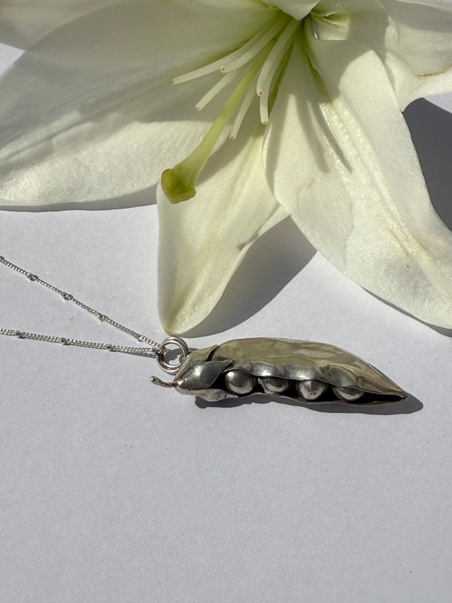 Seeds of Wonder Necklace: Sterling Silver Peapod Pendant