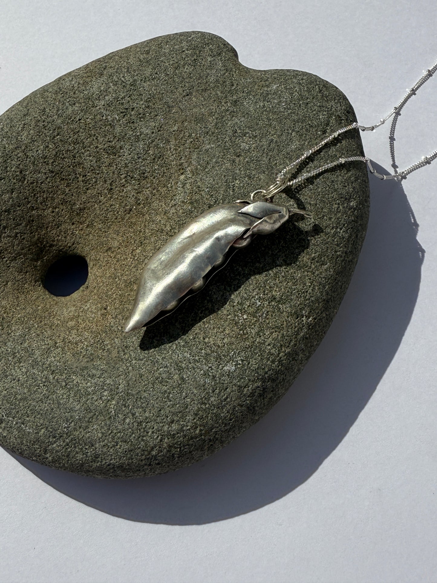 Seeds of Wonder Necklace: Sterling Silver Peapod Pendant