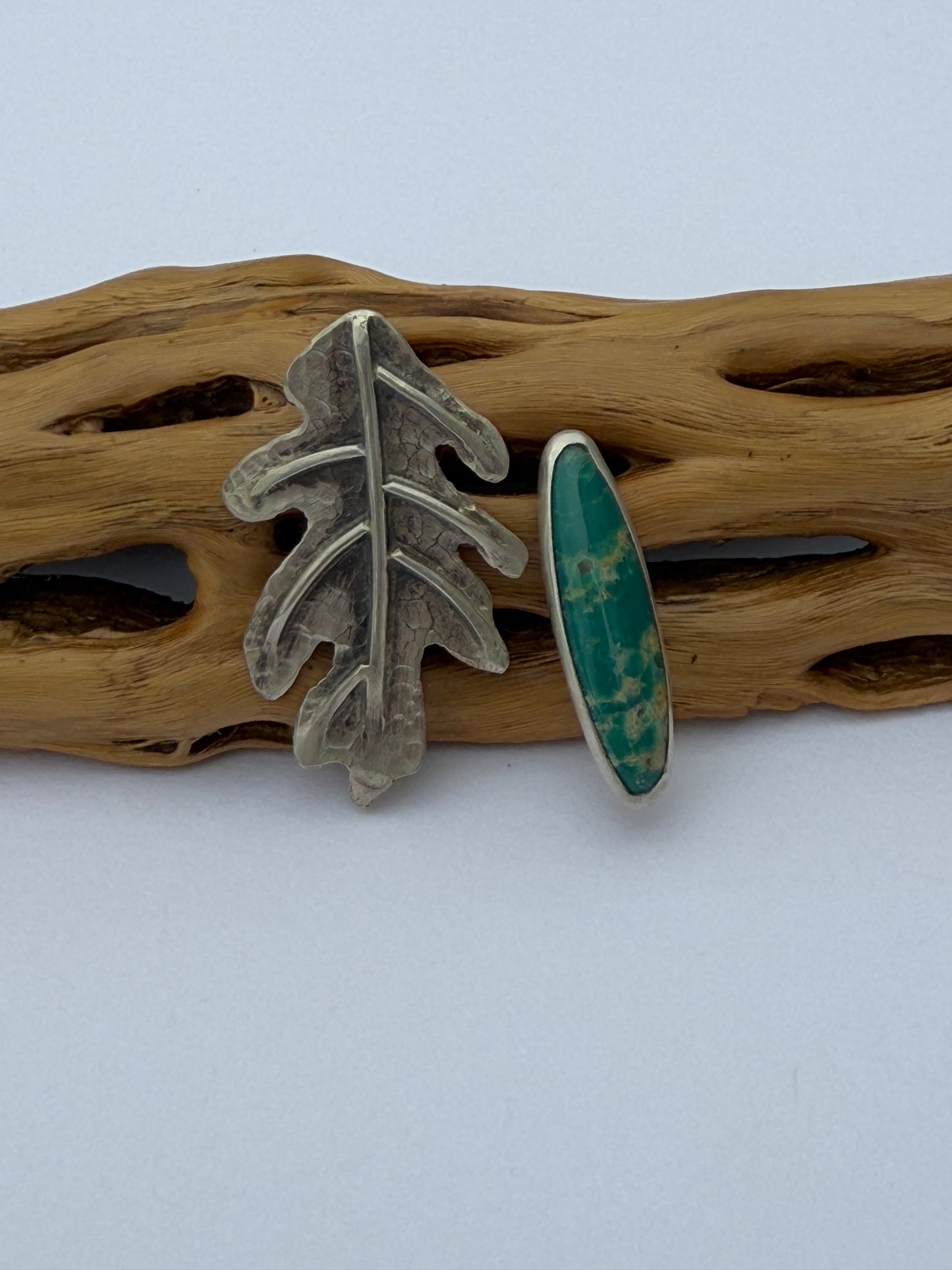 Earth + Sky Post Earrings: Sterling Silver White Oak Leaf & Turquoise
